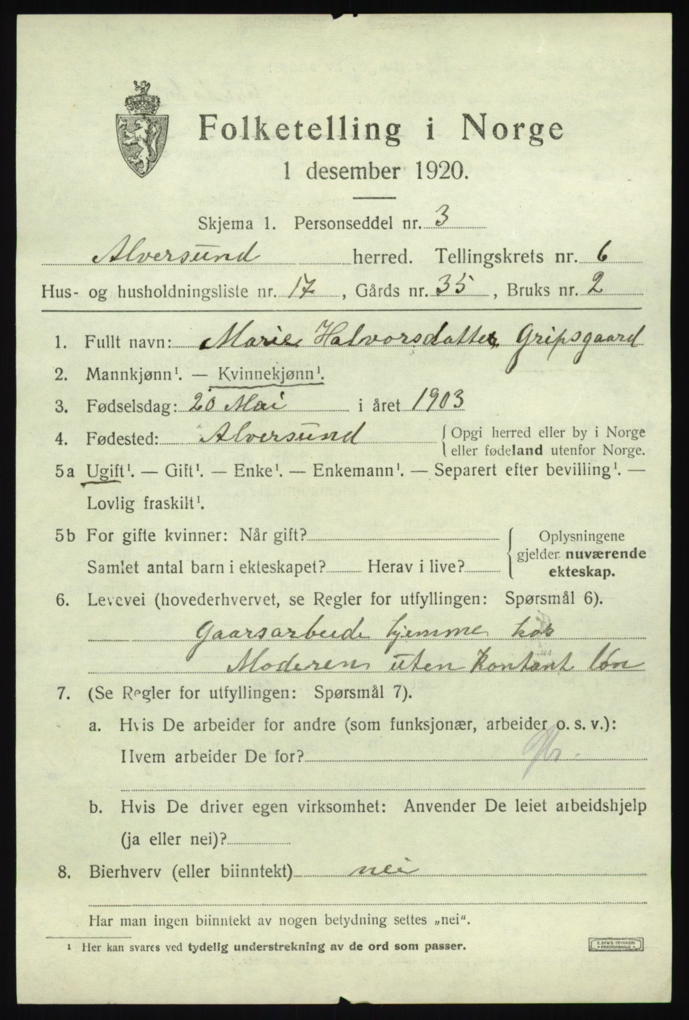 SAB, 1920 census for Alversund, 1920, p. 4646