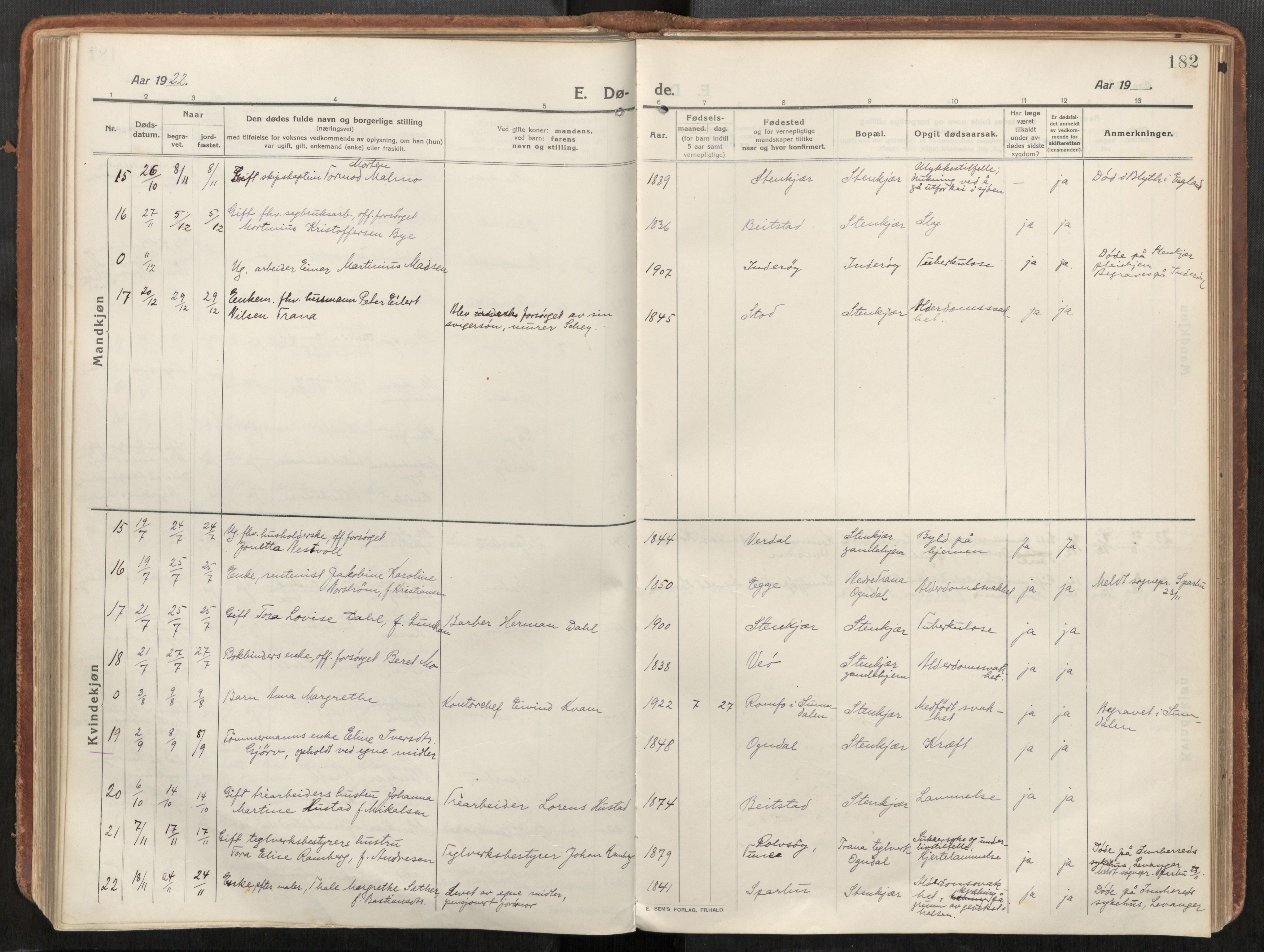 Steinkjer sokneprestkontor, AV/SAT-A-1541/01/H/Ha/Haa/L0003: Parish register (official) no. 3, 1913-1922, p. 182