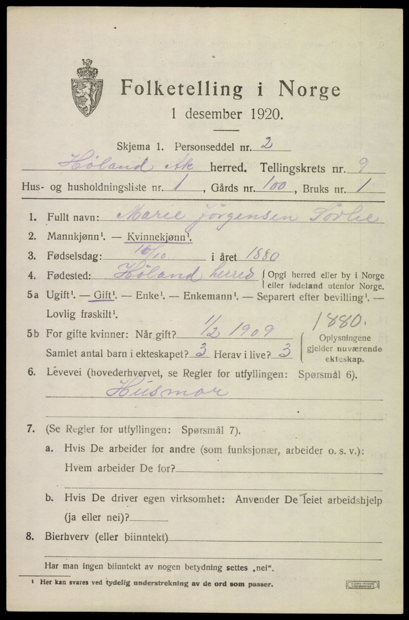 SAO, 1920 census for Høland, 1920, p. 10015