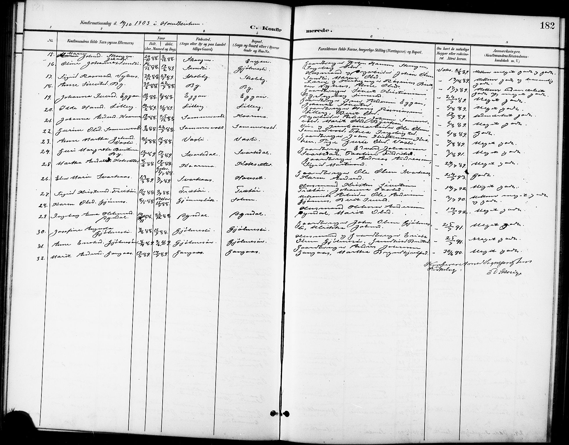 Ministerialprotokoller, klokkerbøker og fødselsregistre - Sør-Trøndelag, SAT/A-1456/668/L0819: Parish register (copy) no. 668C08, 1899-1912, p. 182