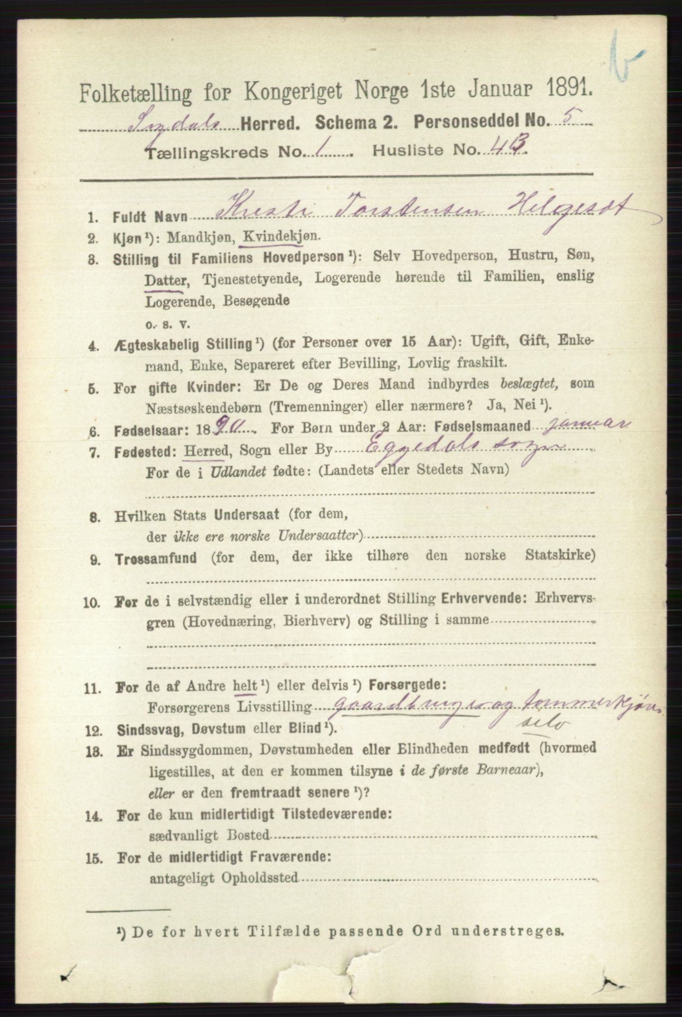 RA, 1891 census for 0621 Sigdal, 1891, p. 3853