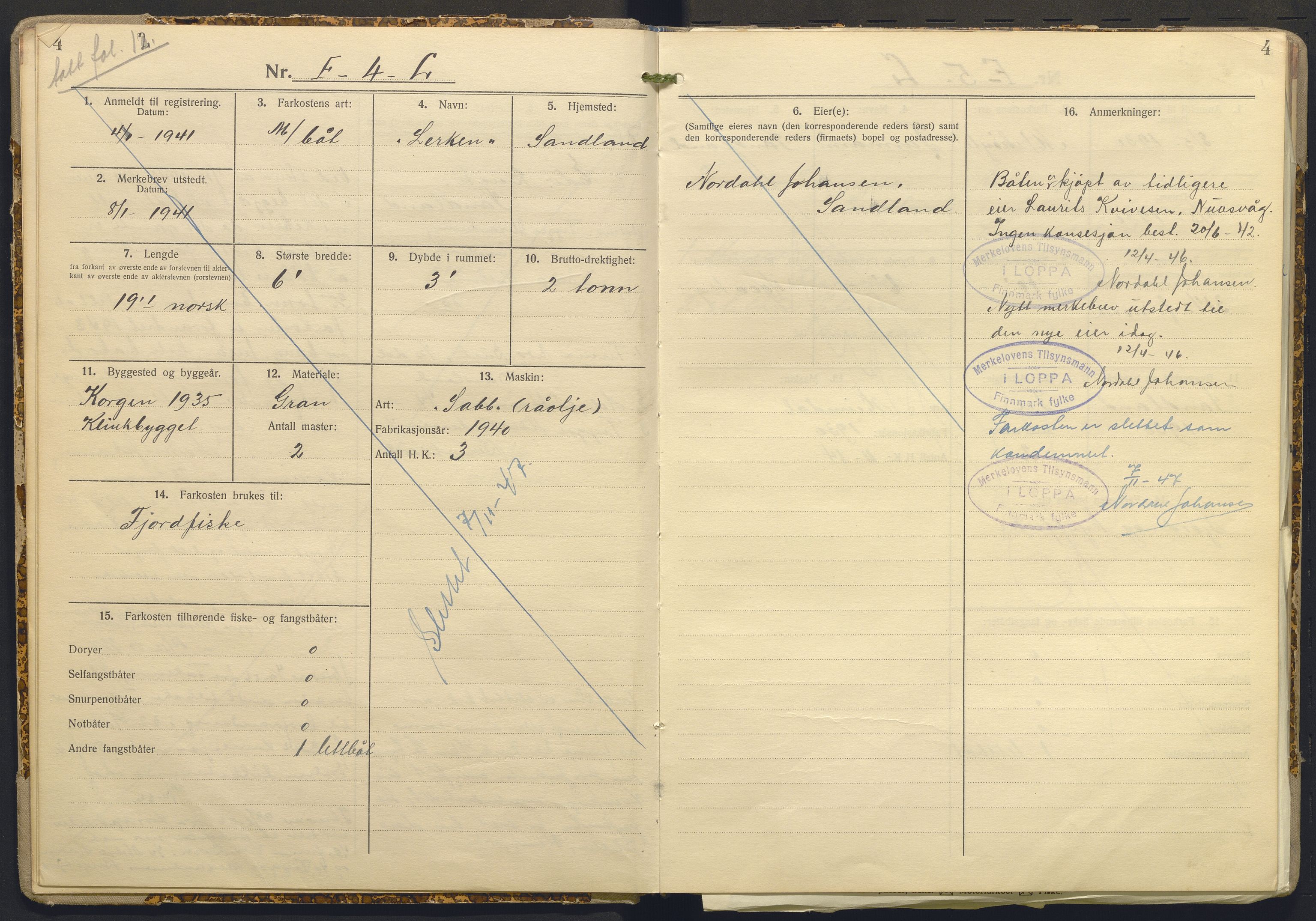 Fiskeridirektoratet - 1 Adm. ledelse - 13 Båtkontoret, AV/SAB-A-2003/I/Ia/Ia.a/L0032: 135.0111/1 Merkeprotokoll - Loppa, 1945-1960