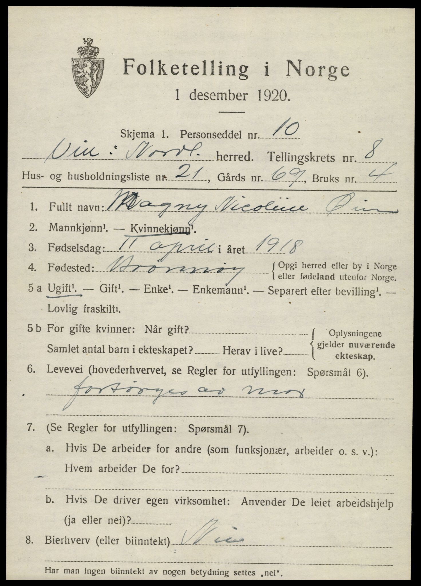 SAT, 1920 census for Vik, 1920, p. 5473