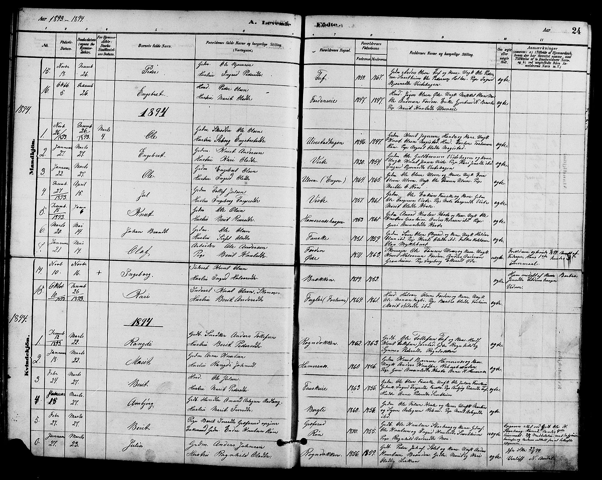 Vestre Slidre prestekontor, SAH/PREST-136/H/Ha/Hab/L0005: Parish register (copy) no. 5, 1881-1913, p. 24