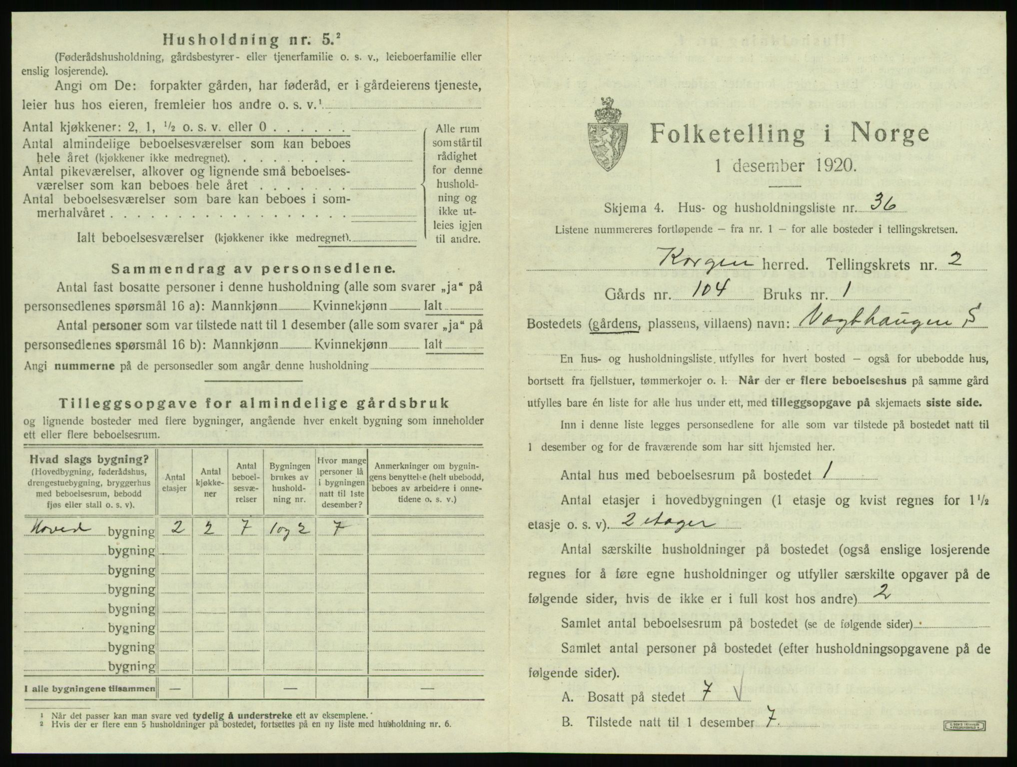 SAT, 1920 census for Korgen, 1920, p. 172