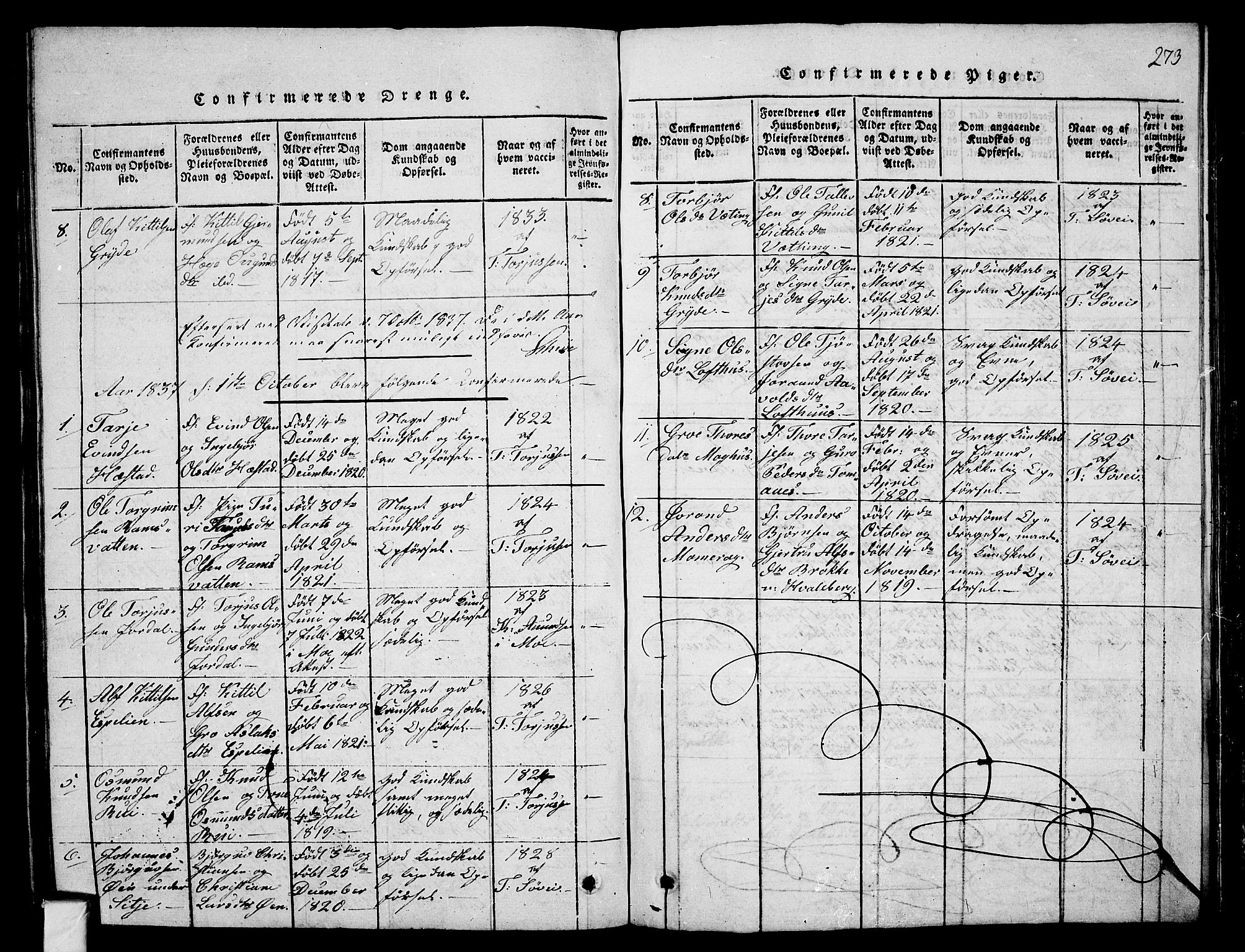Fyresdal kirkebøker, SAKO/A-263/G/Ga/L0001: Parish register (copy) no. I 1, 1816-1840, p. 273