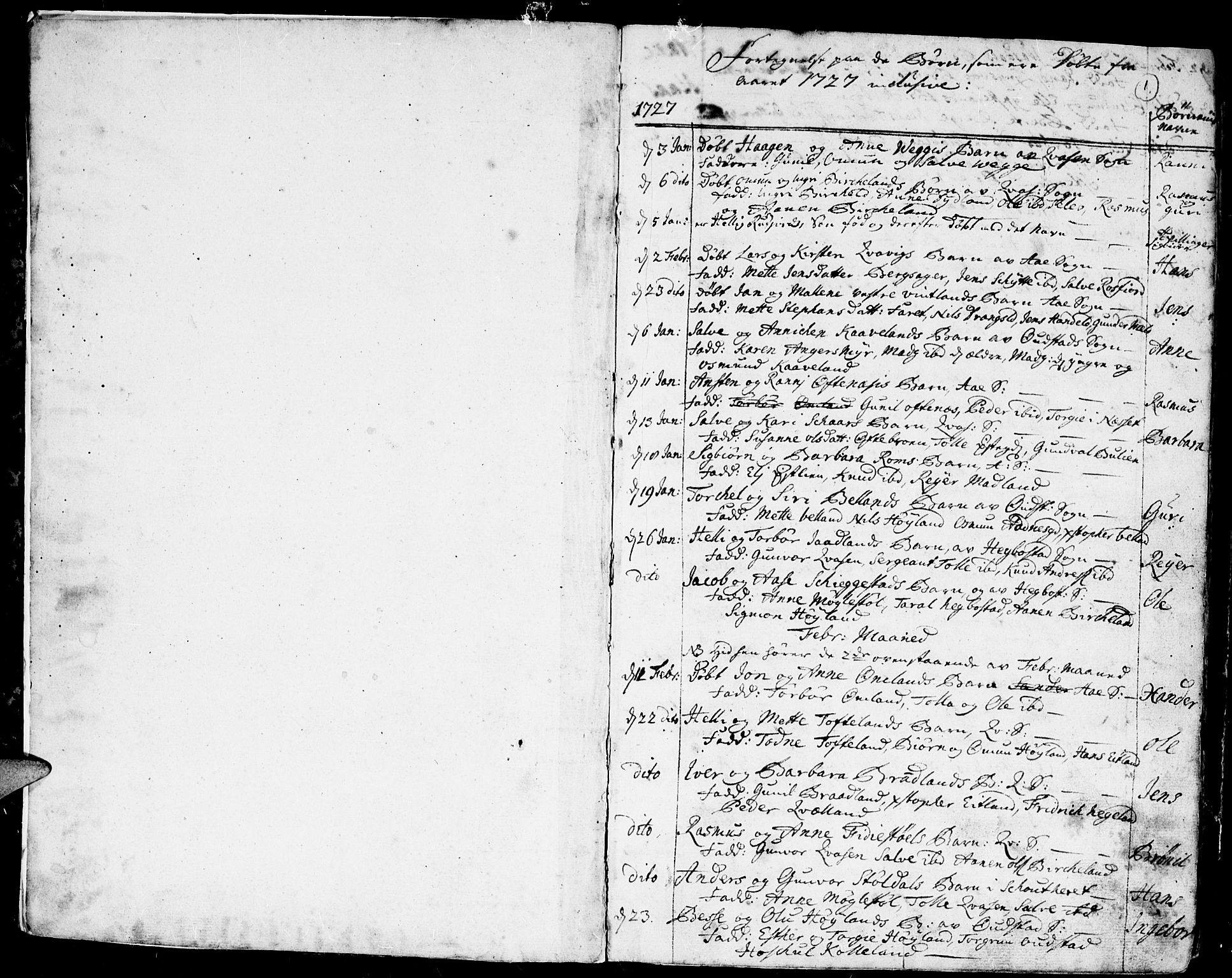 Lyngdal sokneprestkontor, SAK/1111-0029/F/Fa/Fac/L0001: Parish register (official) no. A 1, 1727-1779, p. 1