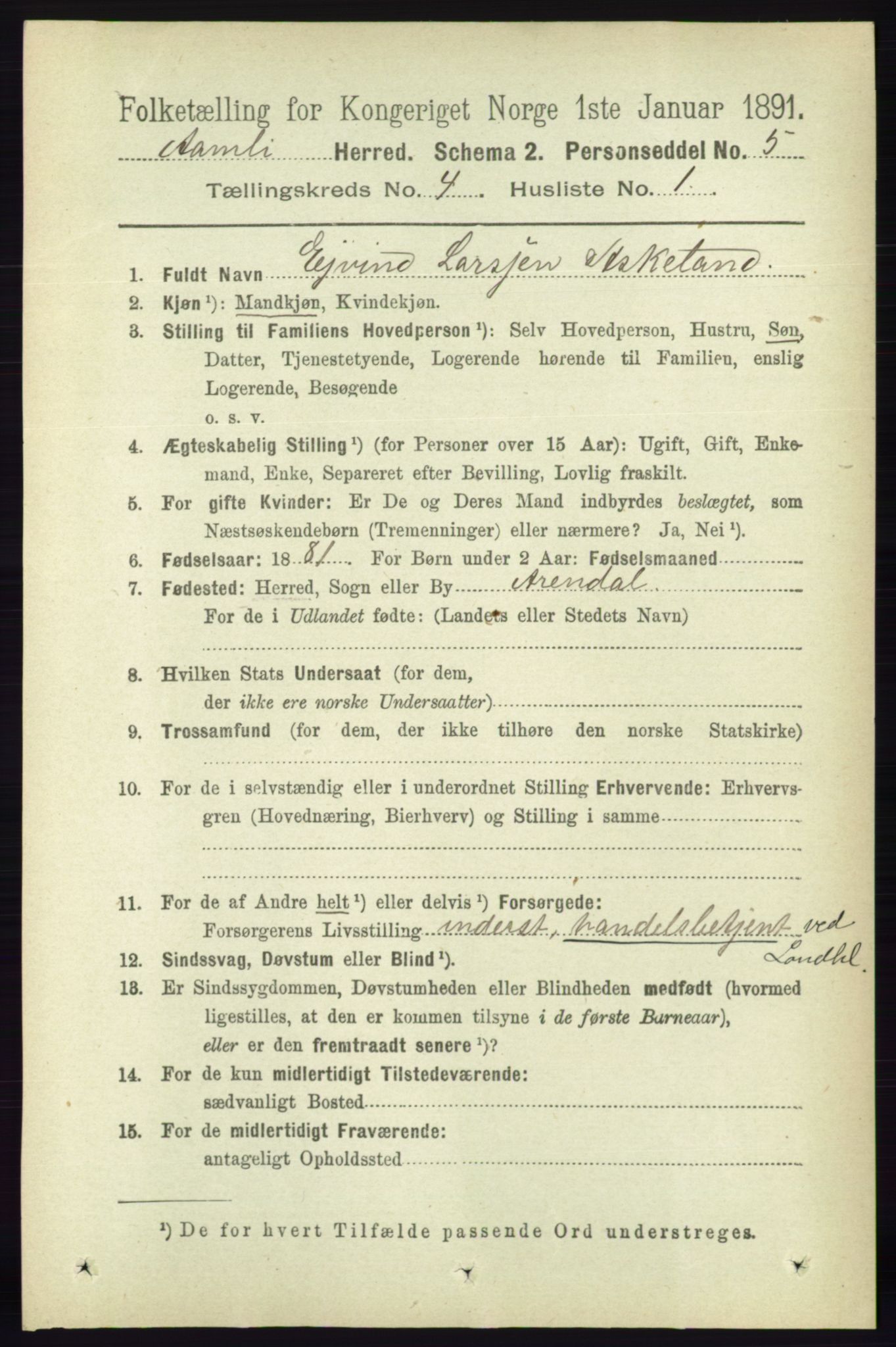 RA, 1891 census for 0929 Åmli, 1891, p. 443