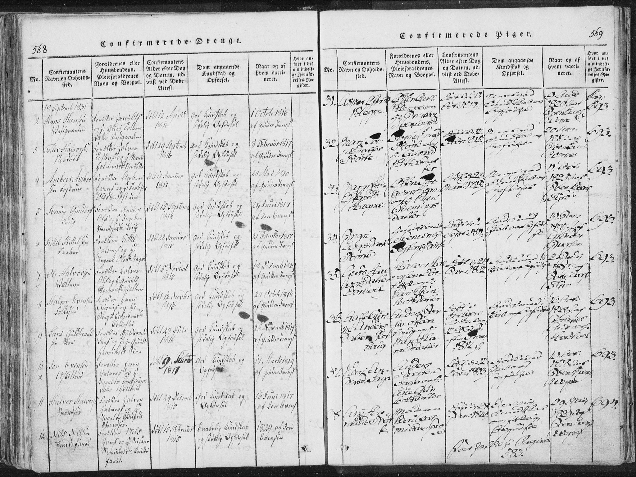 Bø kirkebøker, AV/SAKO-A-257/F/Fa/L0006: Parish register (official) no. 6, 1815-1831, p. 568-569