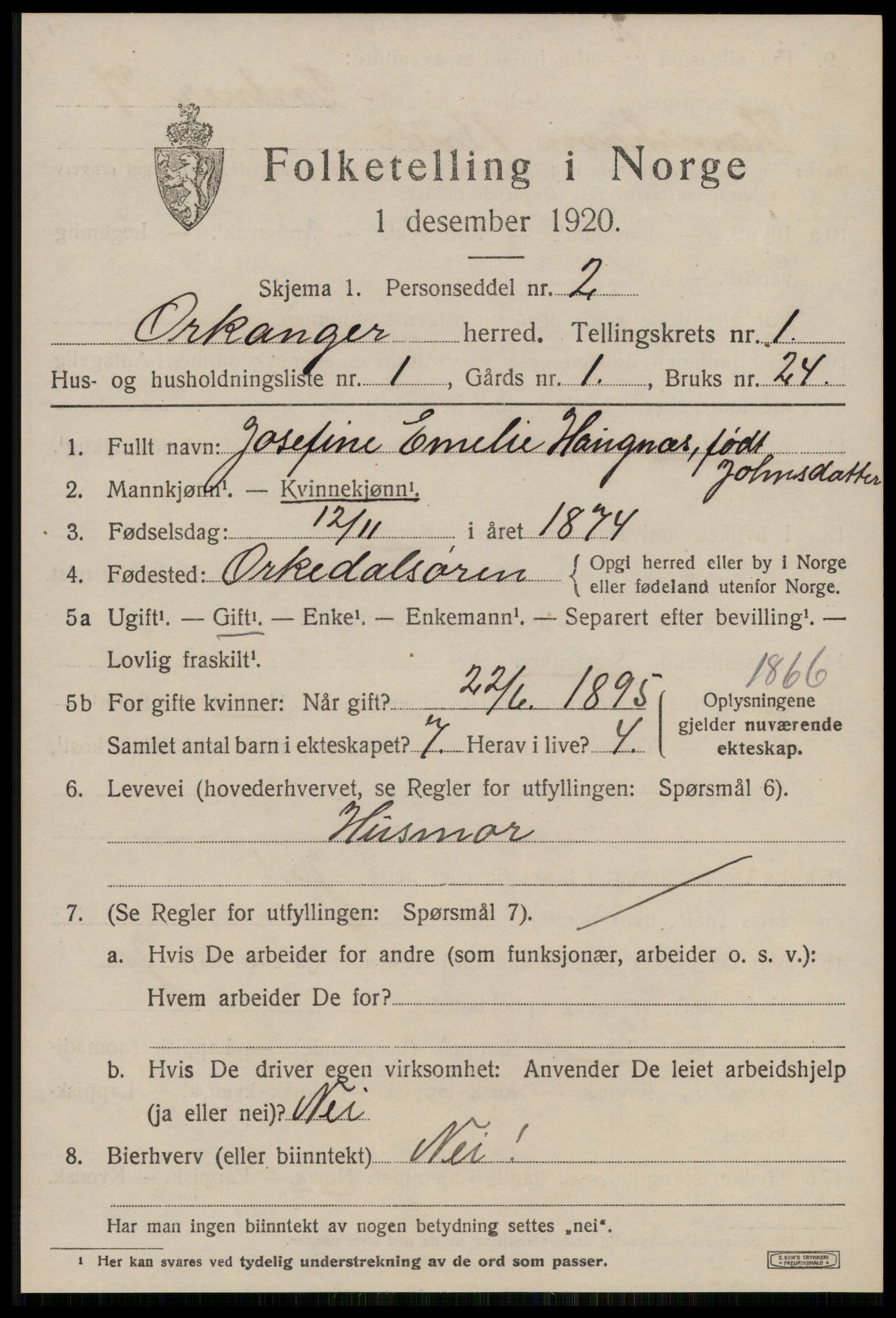 SAT, 1920 census for Orkanger, 1920, p. 607