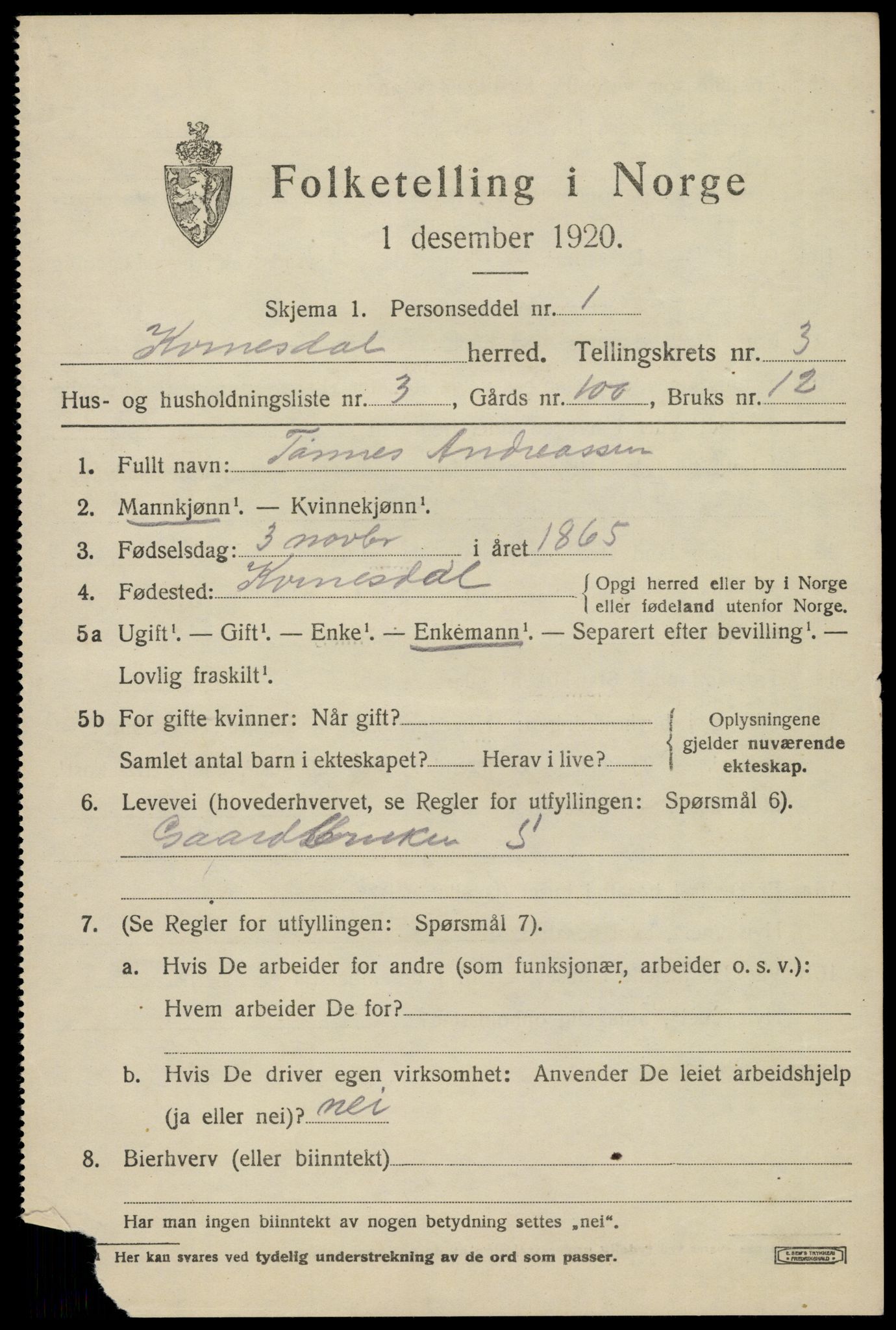 SAK, 1920 census for Kvinesdal, 1920, p. 3169