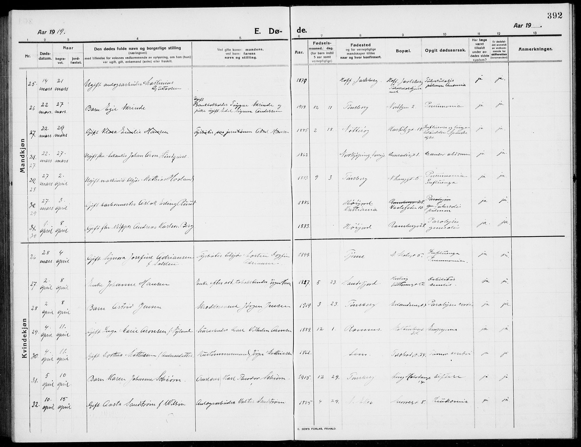 Tønsberg kirkebøker, AV/SAKO-A-330/G/Ga/L0009: Parish register (copy) no. 9, 1913-1920, p. 392