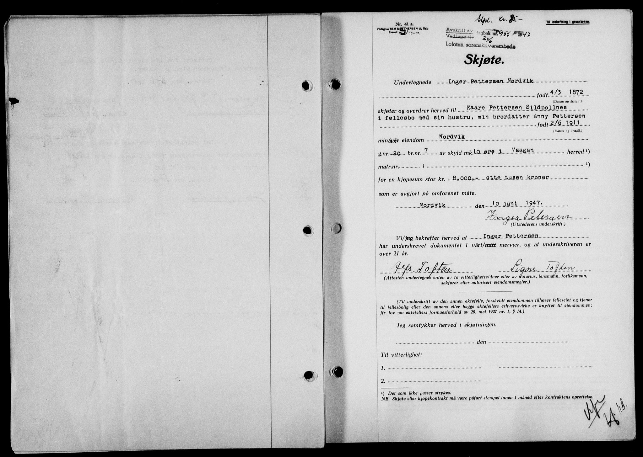 Lofoten sorenskriveri, SAT/A-0017/1/2/2C/L0016a: Mortgage book no. 16a, 1947-1947, Diary no: : 955/1947