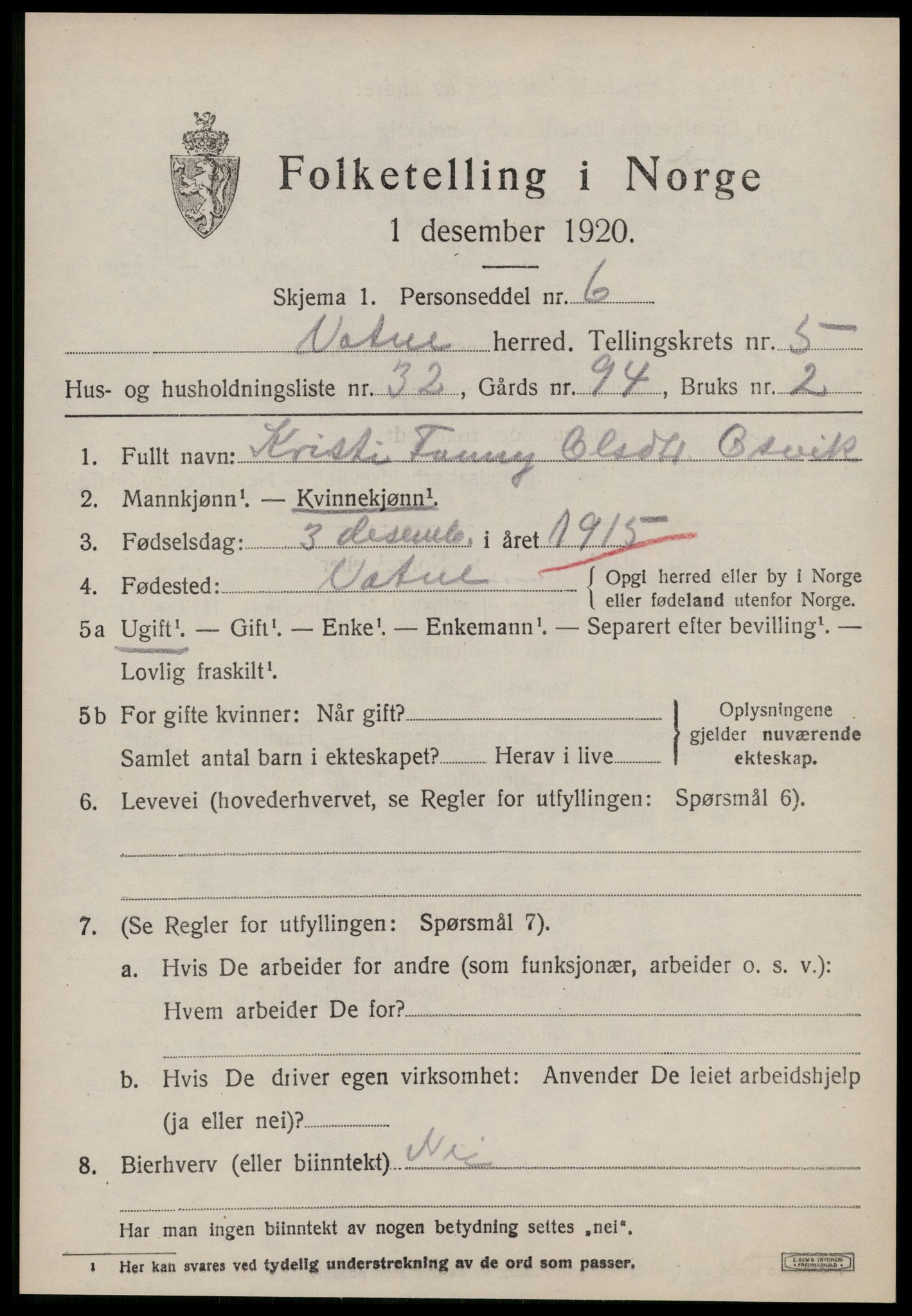 SAT, 1920 census for Vatne, 1920, p. 2640