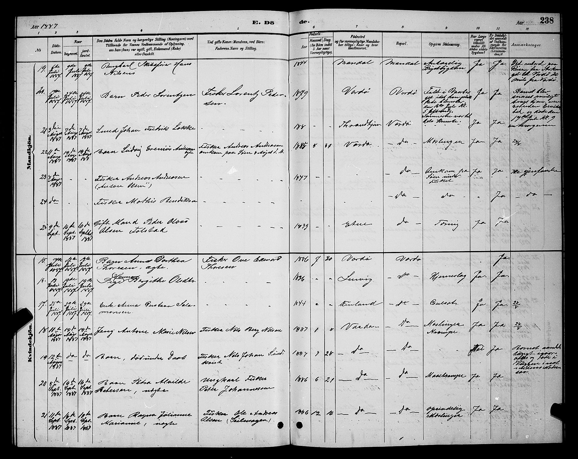 Vardø sokneprestkontor, AV/SATØ-S-1332/H/Hb/L0005klokker: Parish register (copy) no. 5, 1887-1892, p. 238