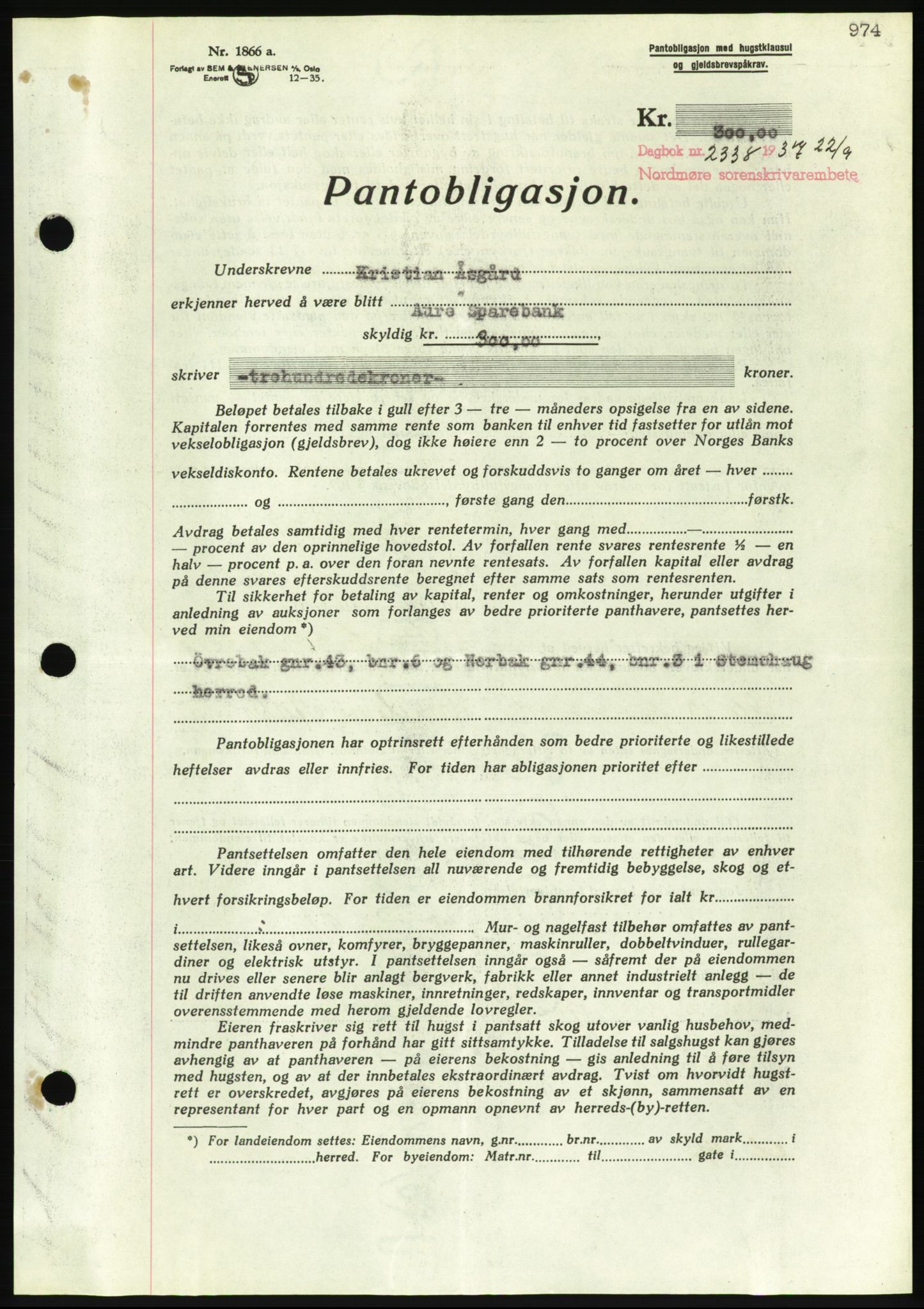 Nordmøre sorenskriveri, AV/SAT-A-4132/1/2/2Ca/L0091: Mortgage book no. B81, 1937-1937, Diary no: : 2338/1937