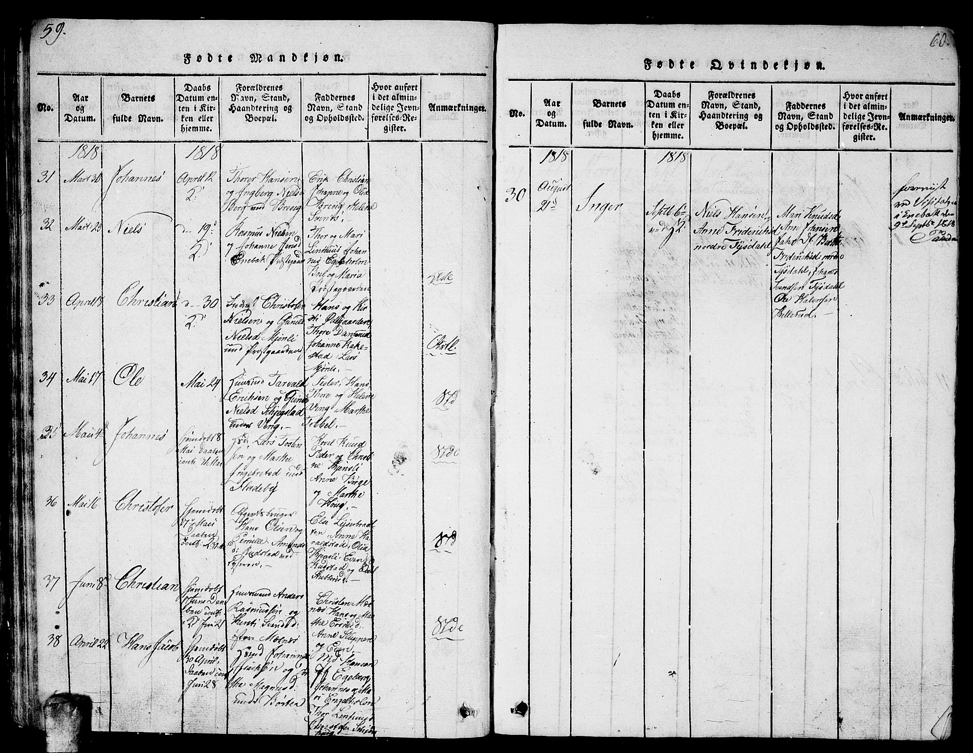 Enebakk prestekontor Kirkebøker, AV/SAO-A-10171c/G/Ga/L0001: Parish register (copy) no. I 1, 1815-1833, p. 59-60