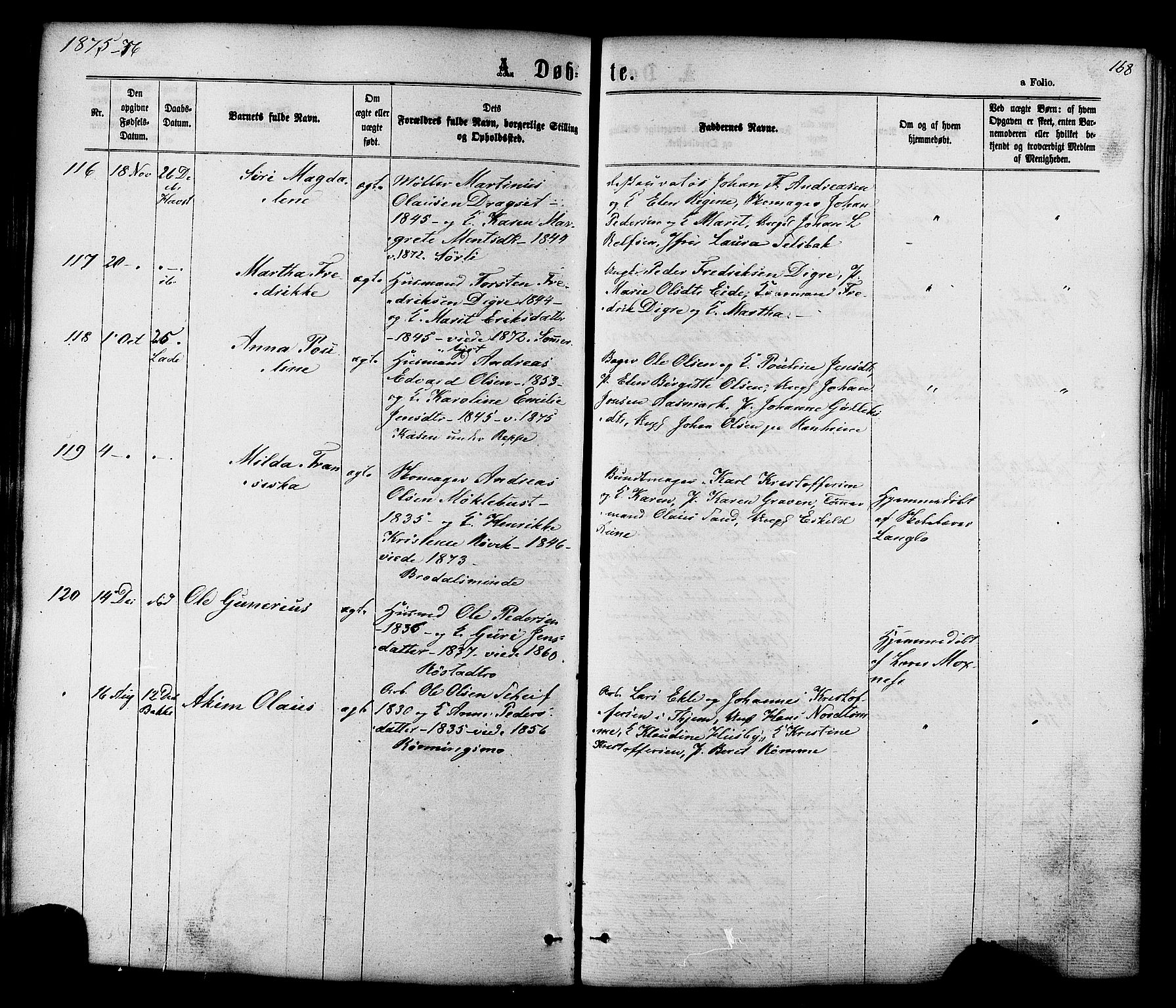 Ministerialprotokoller, klokkerbøker og fødselsregistre - Sør-Trøndelag, SAT/A-1456/606/L0293: Parish register (official) no. 606A08, 1866-1877, p. 168