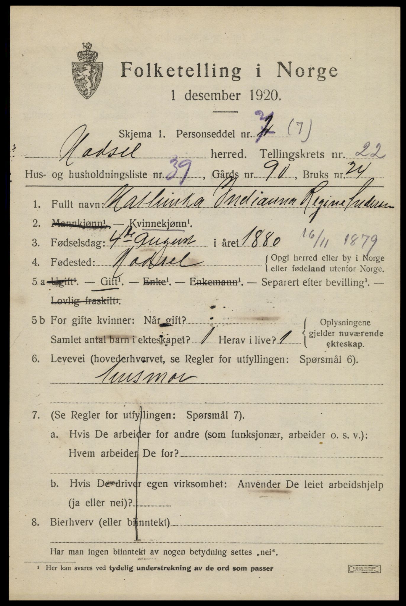 SAT, 1920 census for Hadsel, 1920, p. 20488