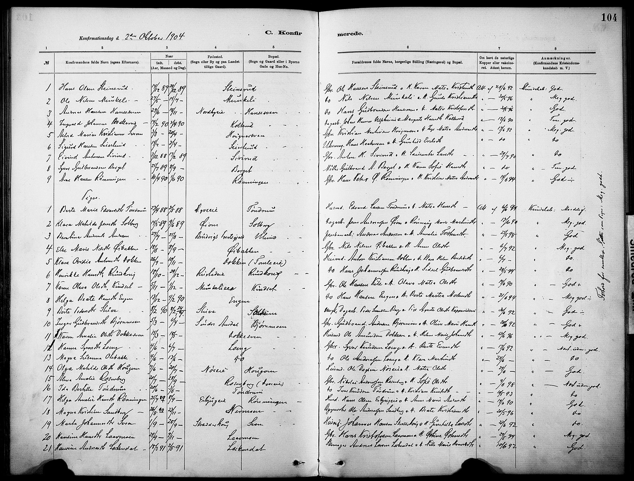 Nordre Land prestekontor, SAH/PREST-124/H/Ha/Haa/L0005: Parish register (official) no. 5, 1882-1903, p. 104