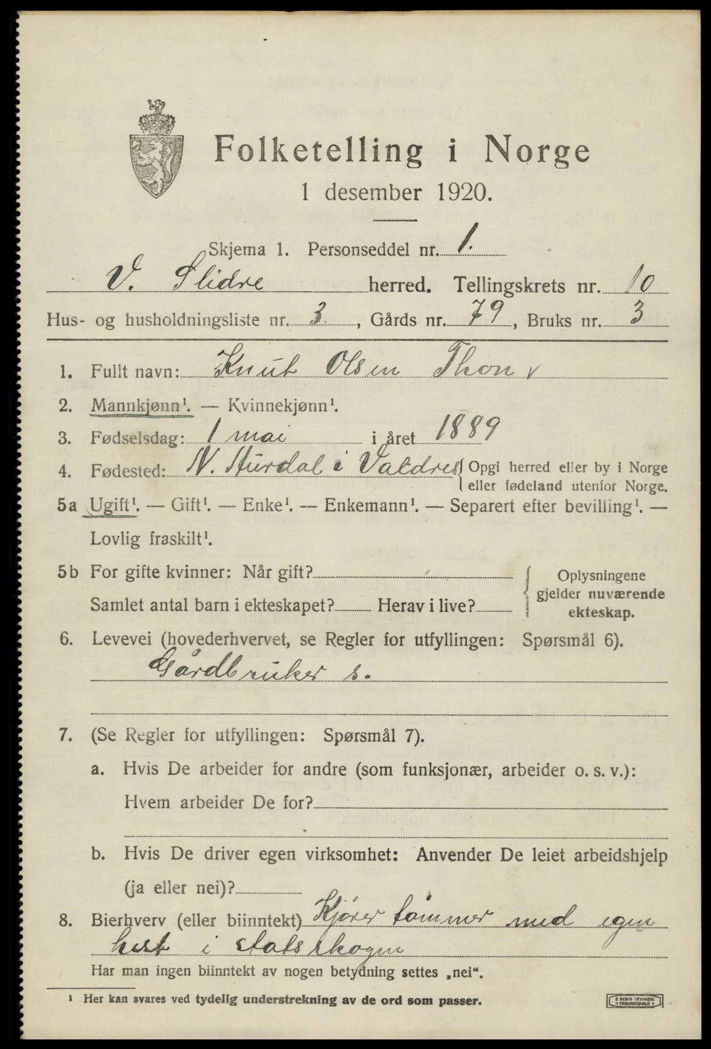 SAH, 1920 census for Vestre Slidre, 1920, p. 5698