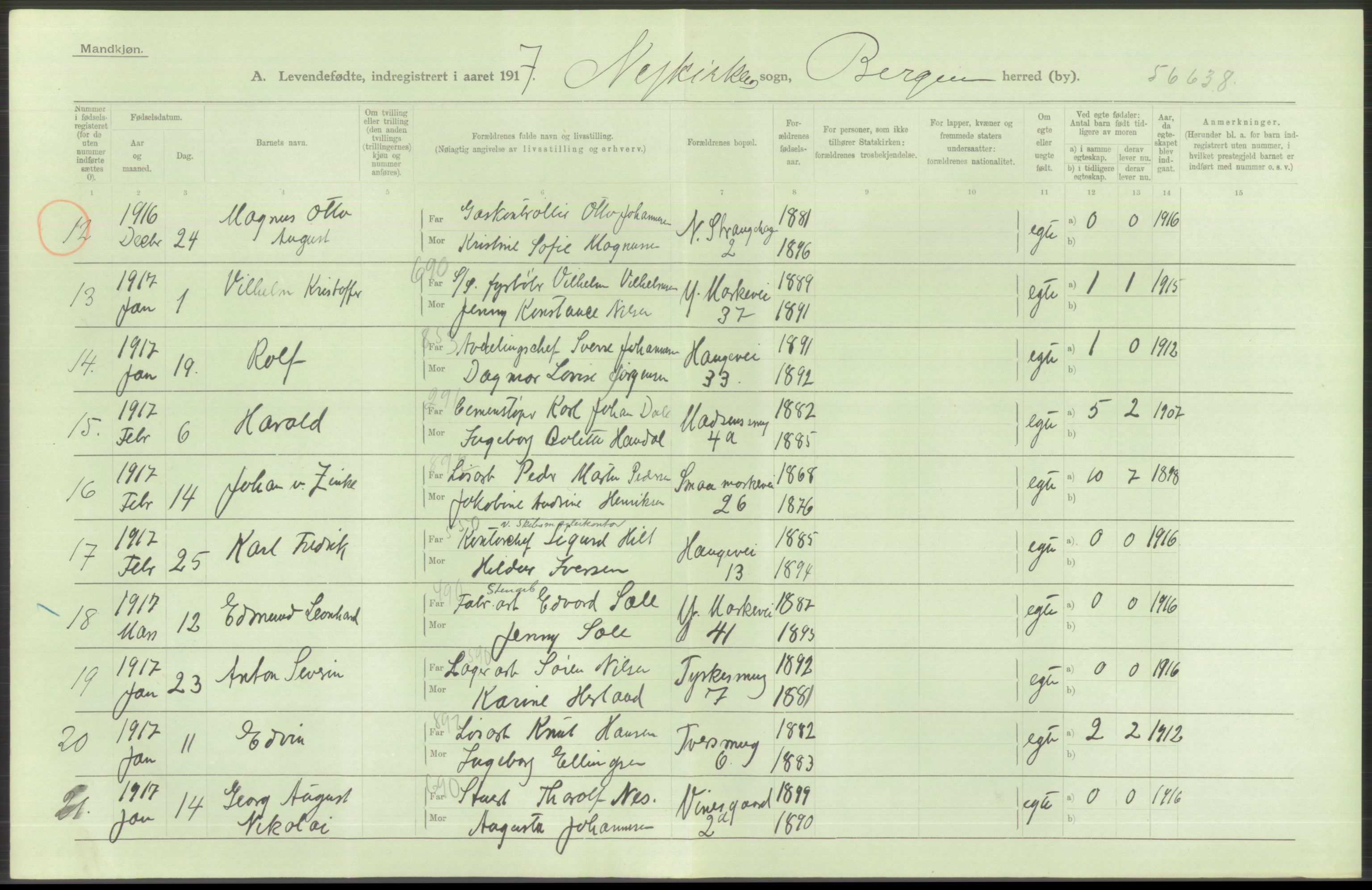 Statistisk sentralbyrå, Sosiodemografiske emner, Befolkning, AV/RA-S-2228/D/Df/Dfb/Dfbg/L0037: Bergen: Levendefødte menn og kvinner., 1917, p. 468