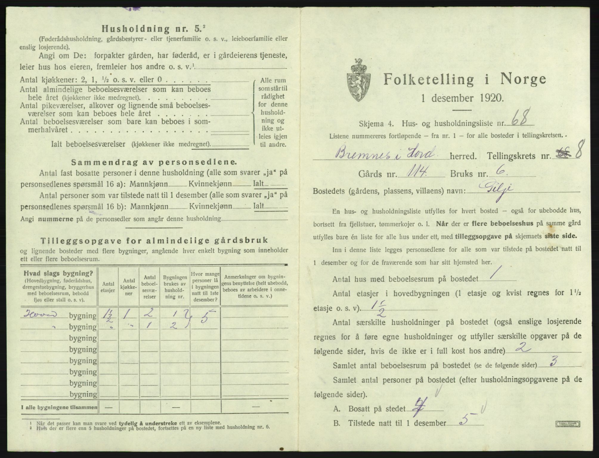 SAB, 1920 census for Bremnes, 1920, p. 768