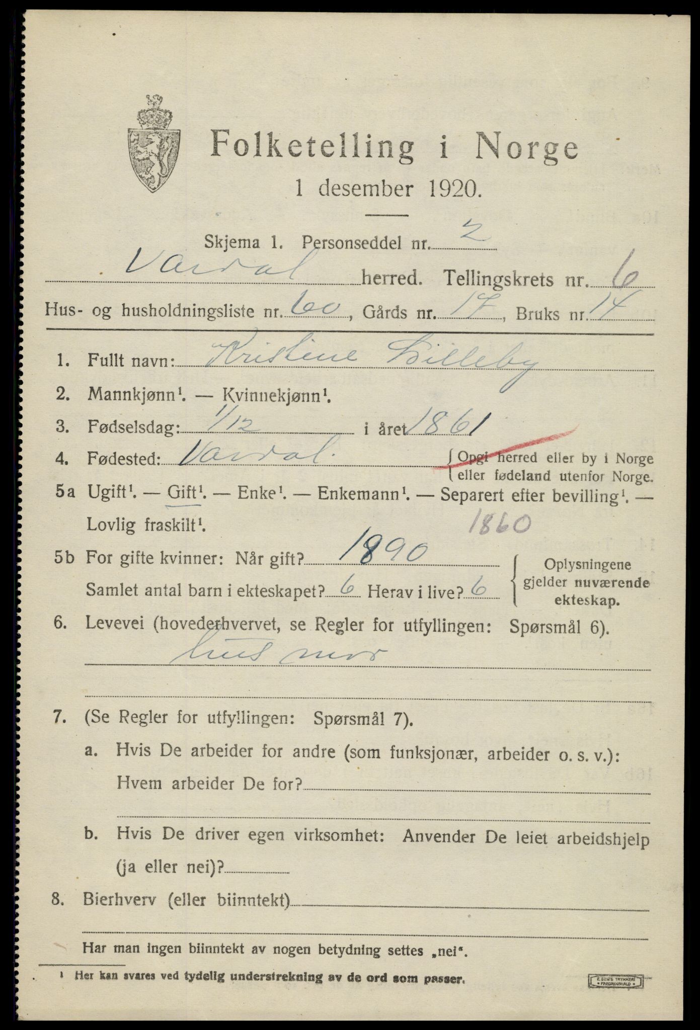 SAH, 1920 census for Vardal, 1920, p. 4555