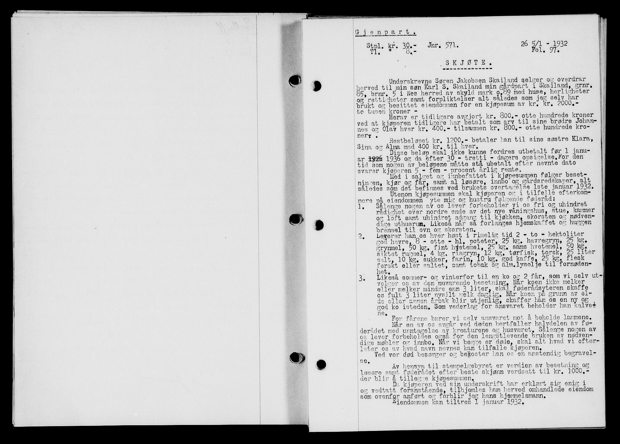 Flekkefjord sorenskriveri, SAK/1221-0001/G/Gb/Gba/L0047: Mortgage book no. 45, 1931-1932, Deed date: 05.01.1932