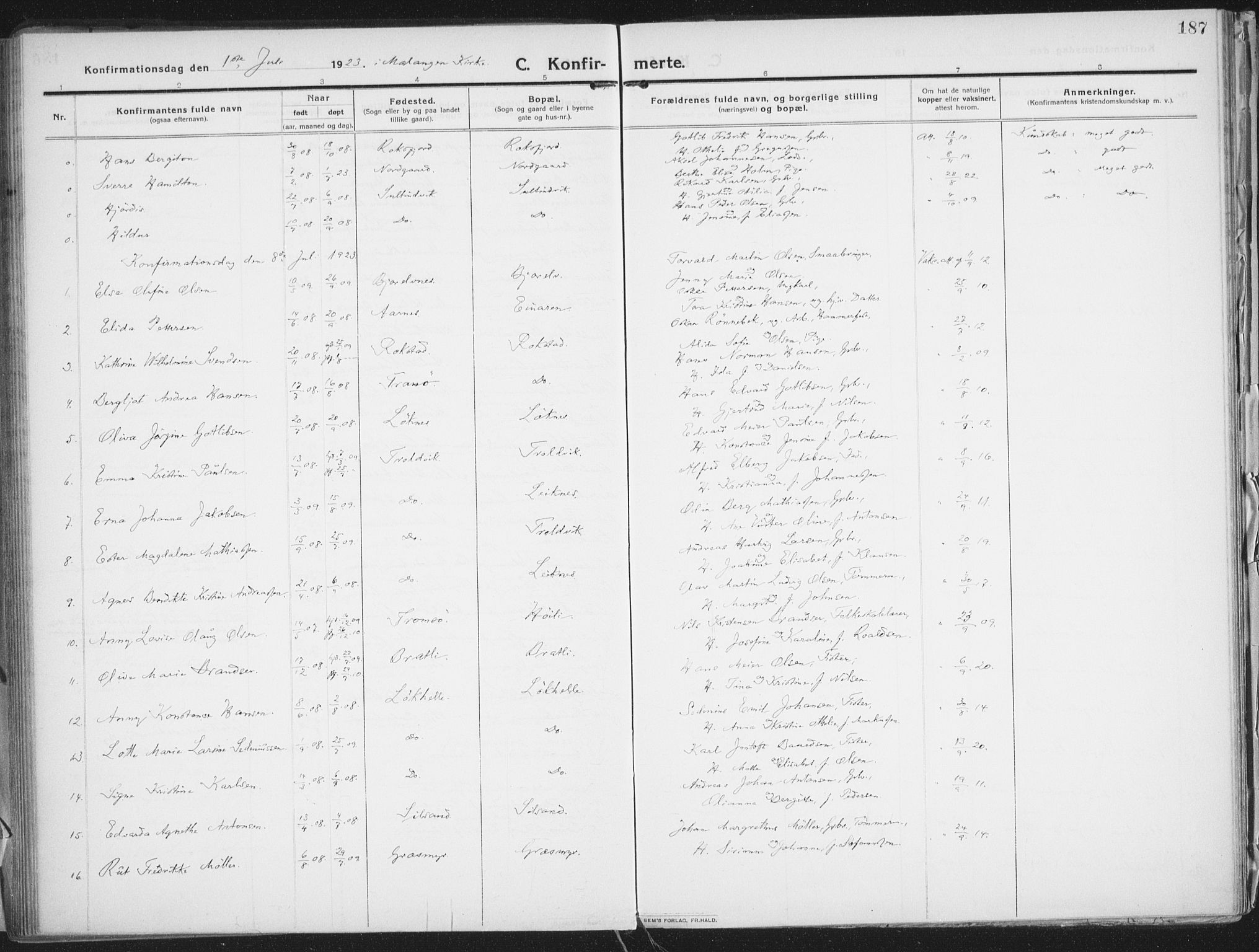 Lenvik sokneprestembete, AV/SATØ-S-1310/H/Ha/Haa/L0016kirke: Parish register (official) no. 16, 1910-1924, p. 187