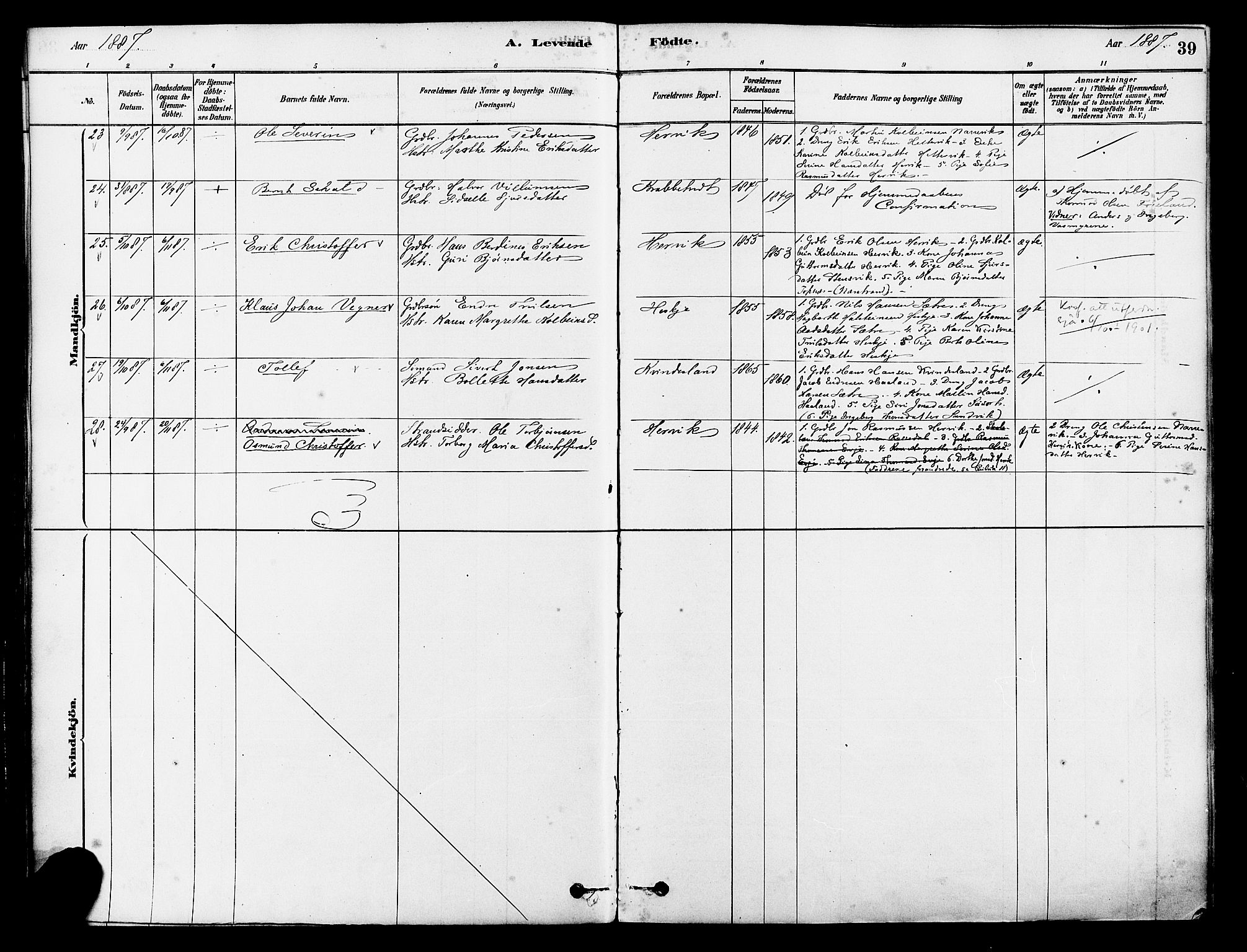 Tysvær sokneprestkontor, AV/SAST-A -101864/H/Ha/Haa/L0006: Parish register (official) no. A 6, 1878-1896, p. 39