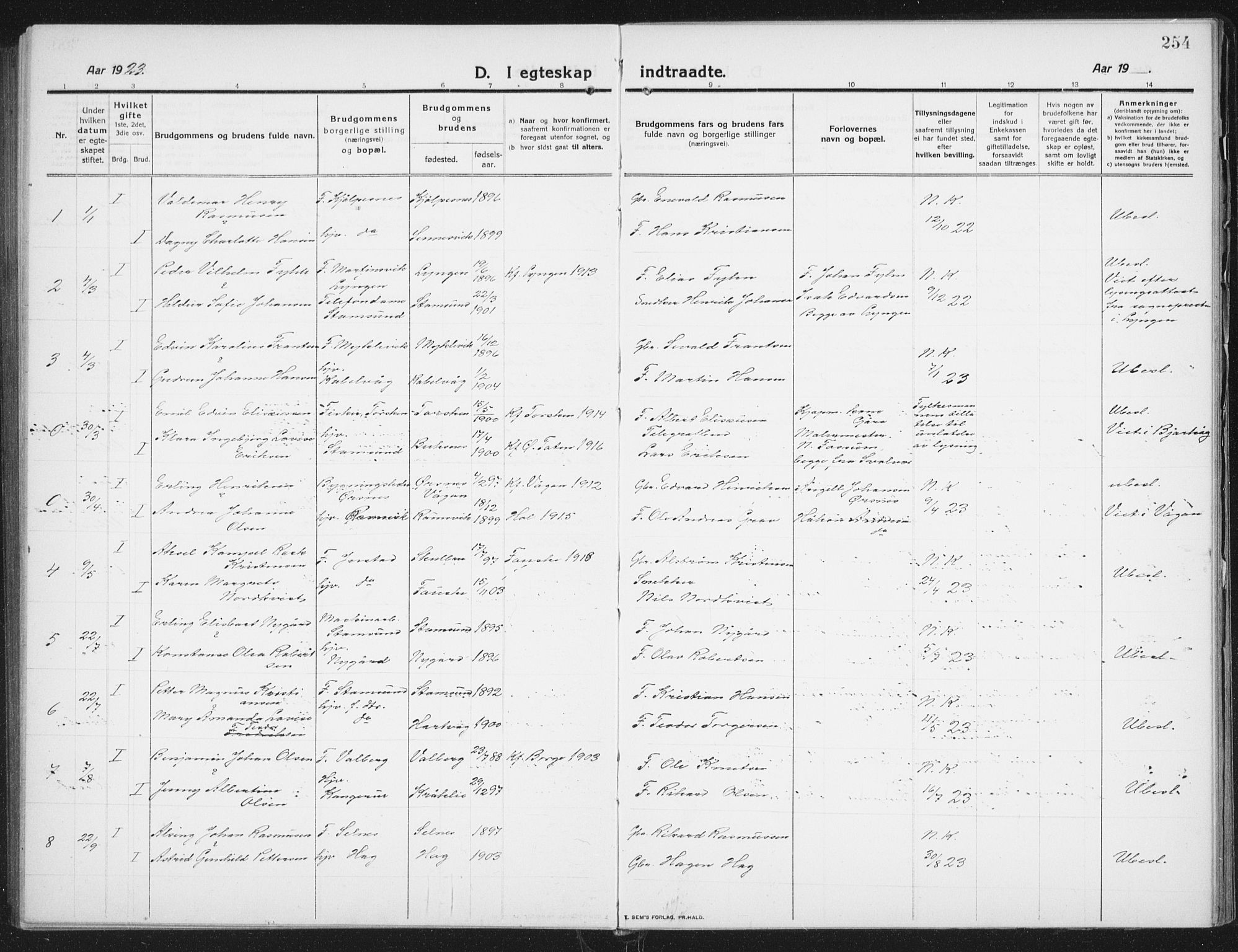 Ministerialprotokoller, klokkerbøker og fødselsregistre - Nordland, AV/SAT-A-1459/882/L1183: Parish register (copy) no. 882C01, 1911-1938, p. 254