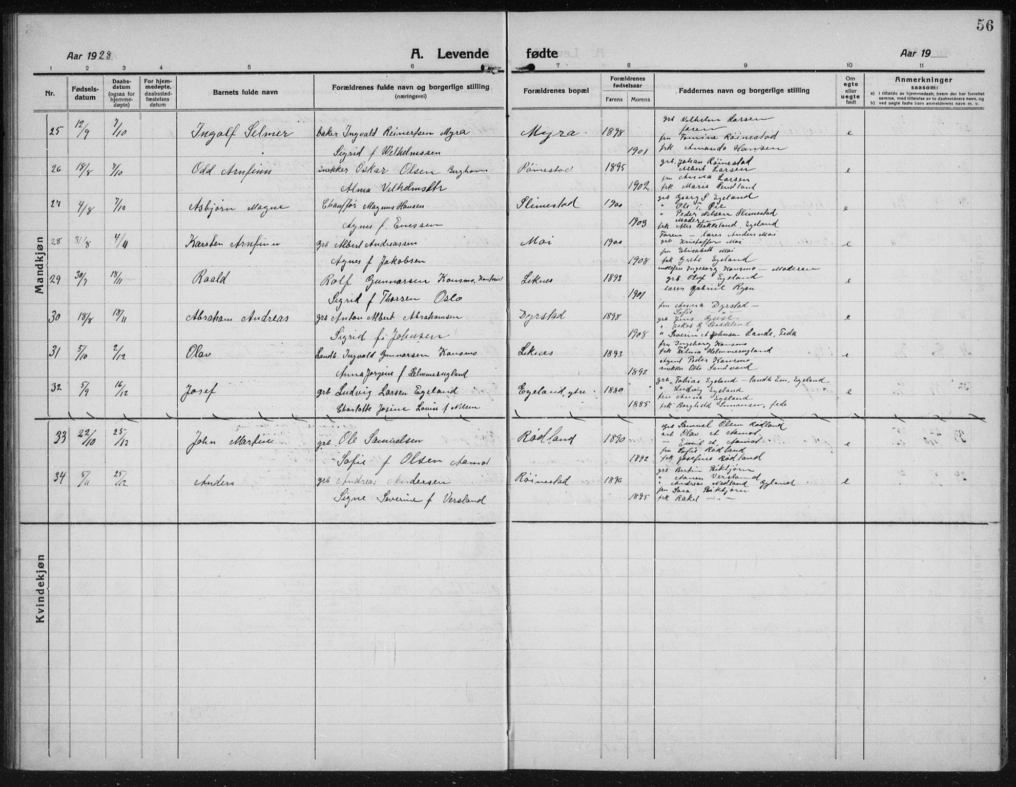 Kvinesdal sokneprestkontor, SAK/1111-0026/F/Fb/Fbb/L0004: Parish register (copy) no. B 4, 1917-1938, p. 56