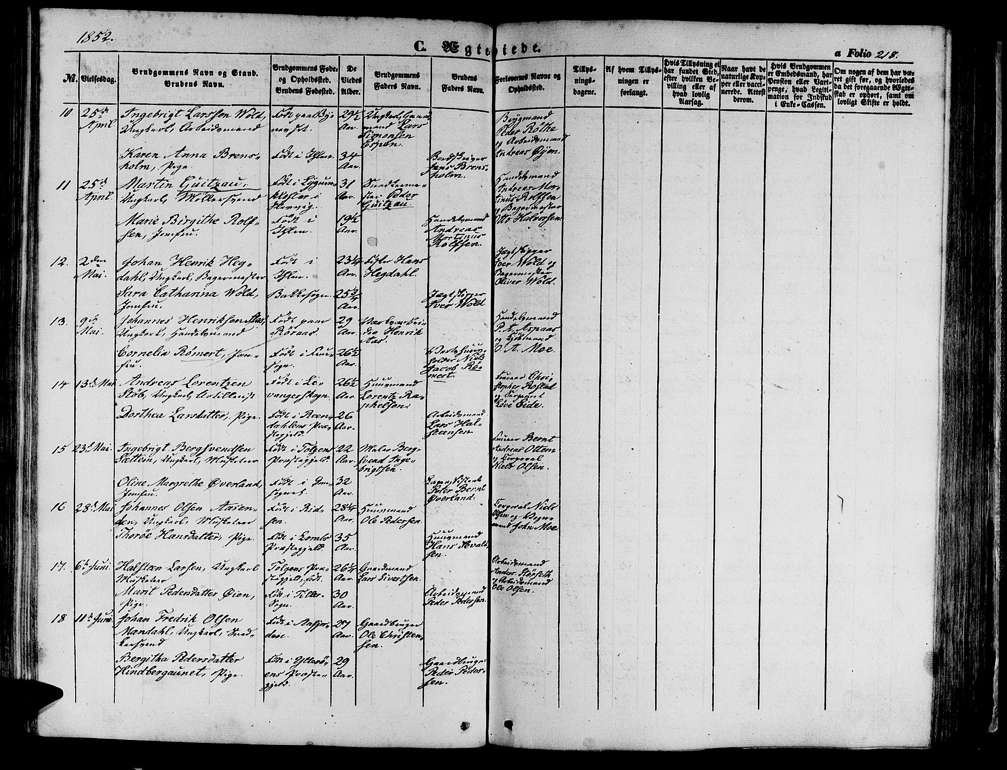 Ministerialprotokoller, klokkerbøker og fødselsregistre - Sør-Trøndelag, SAT/A-1456/602/L0137: Parish register (copy) no. 602C05, 1846-1856, p. 218