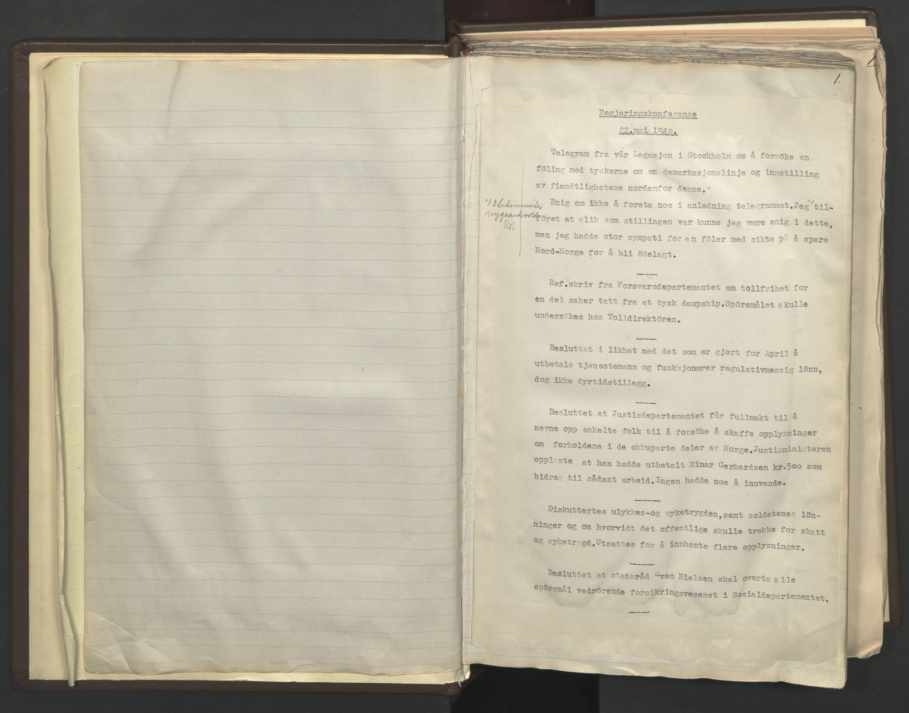 Statsministerens kontor, AV/RA-S-1005/A/Aa/L0001: Referat fra regjeringskonferanser, 1940-1941, p. 1