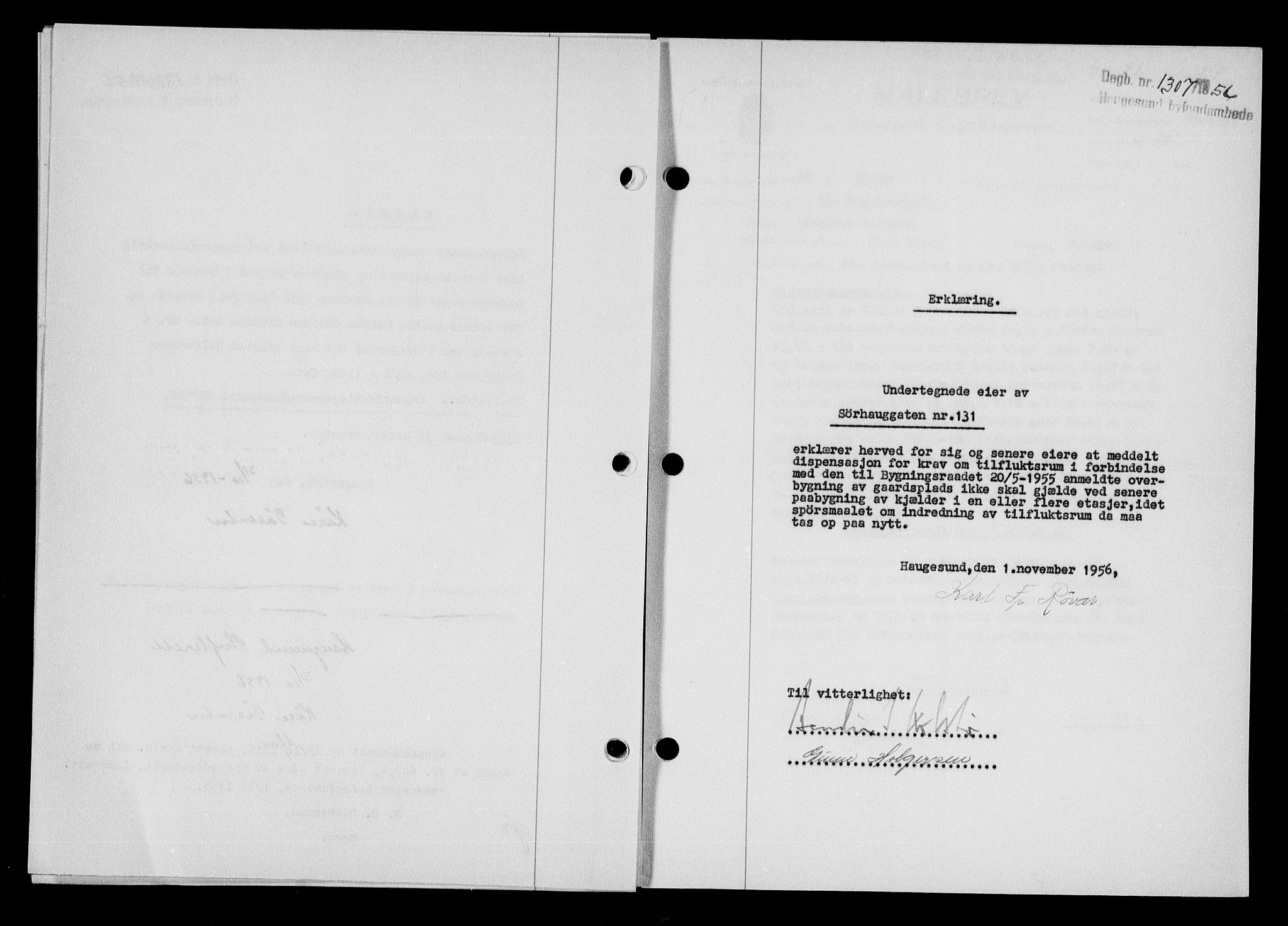 Haugesund tingrett, SAST/A-101415/01/II/IIC/L0068: Mortgage book no. A 9, 1956-1958, Diary no: : 1307/1956