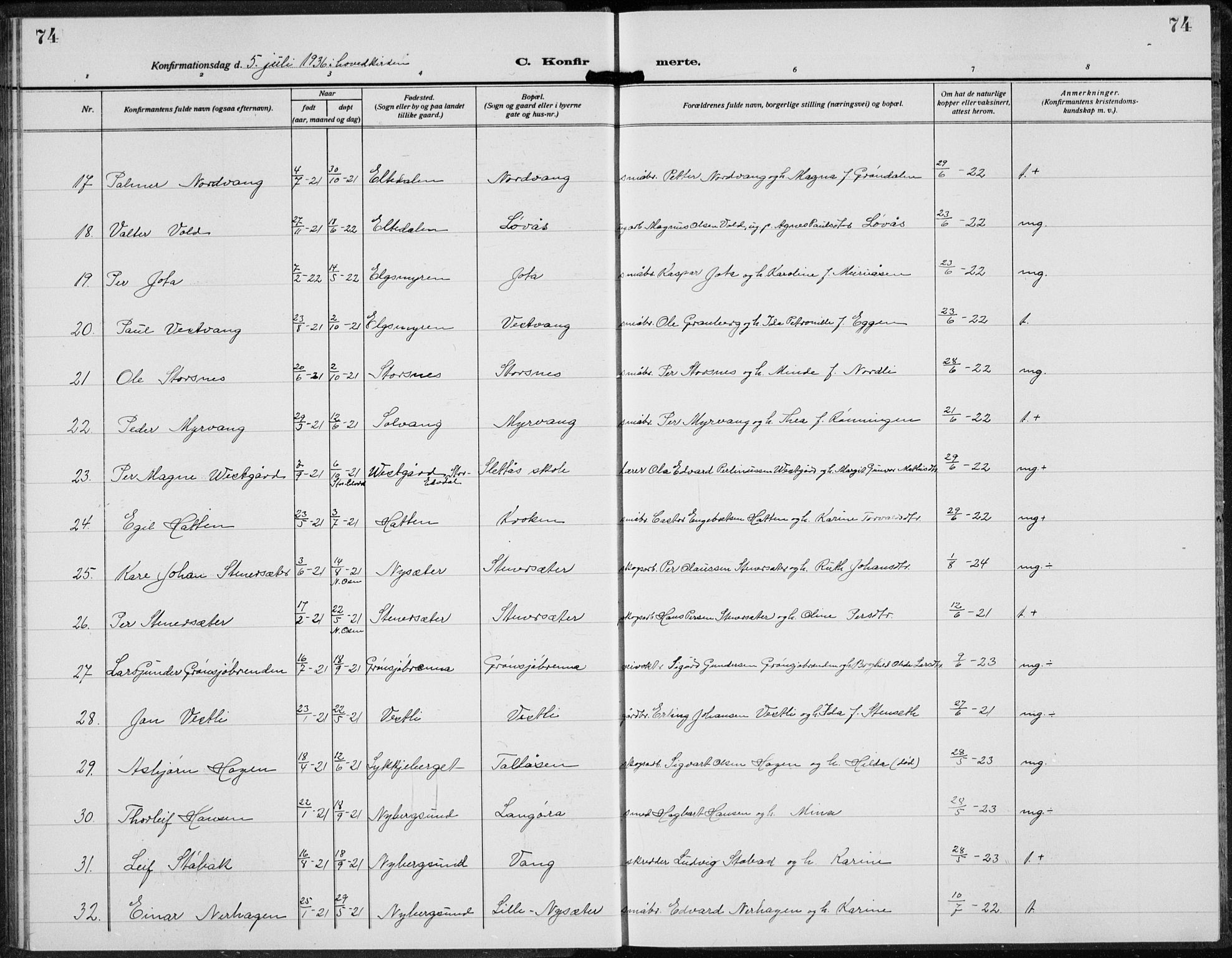 Trysil prestekontor, AV/SAH-PREST-046/H/Ha/Hab/L0010: Parish register (copy) no. 10, 1917-1937, p. 74