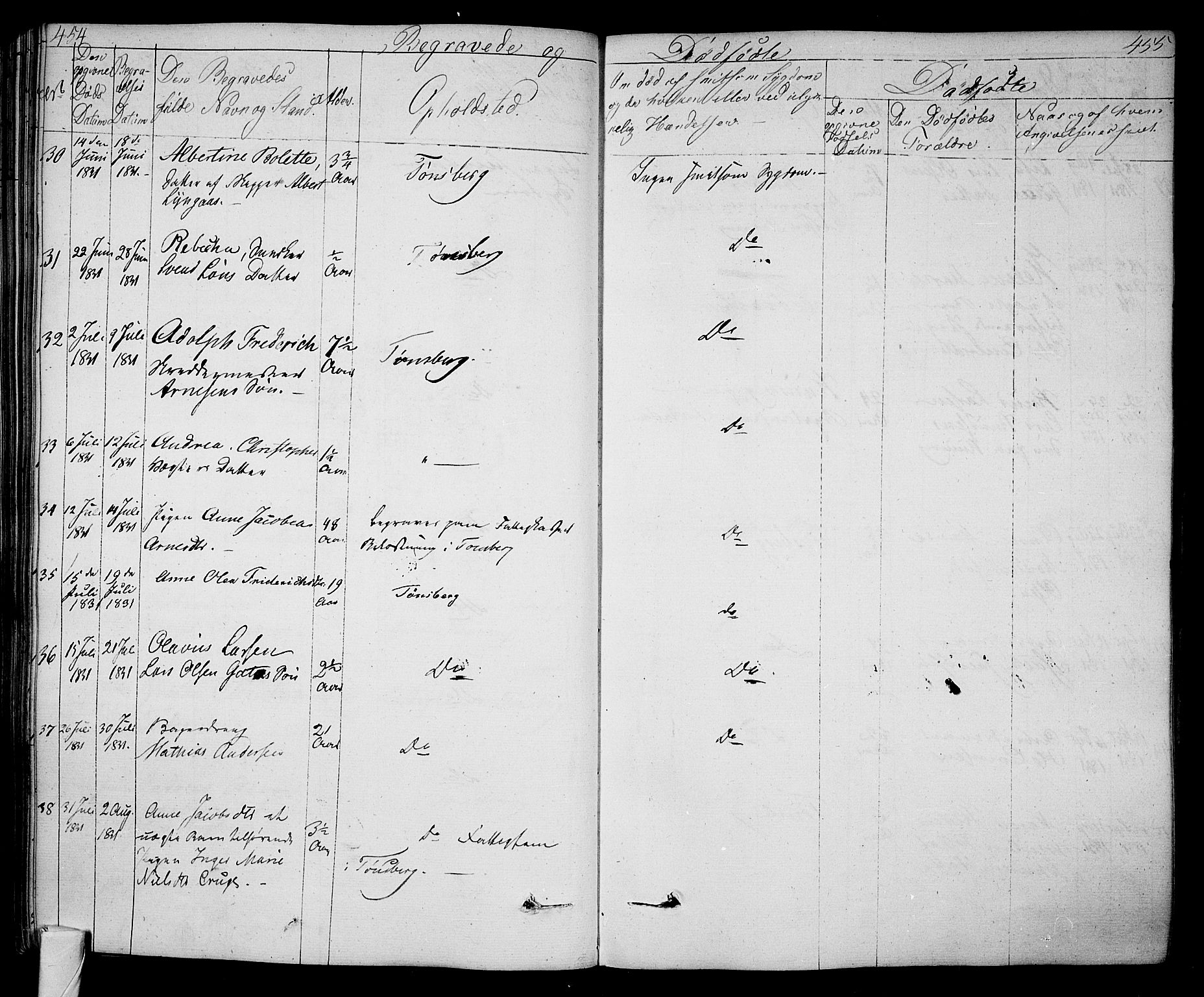 Tønsberg kirkebøker, AV/SAKO-A-330/F/Fa/L0005: Parish register (official) no. I 5, 1827-1836, p. 454-455