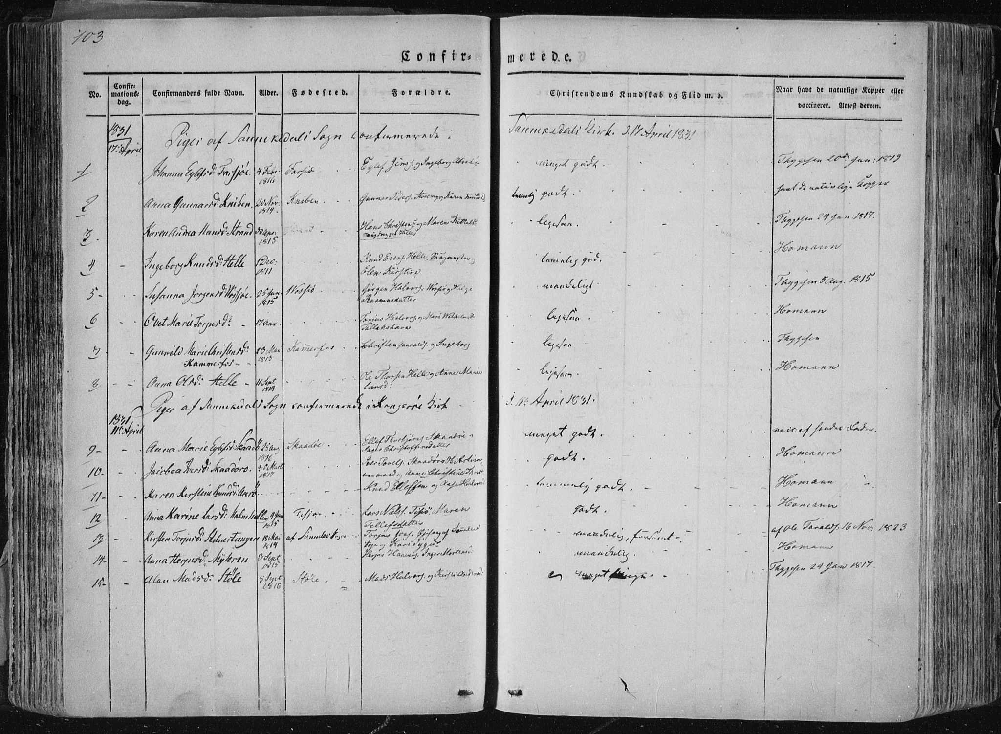 Sannidal kirkebøker, AV/SAKO-A-296/F/Fa/L0007: Parish register (official) no. 7, 1831-1854, p. 103