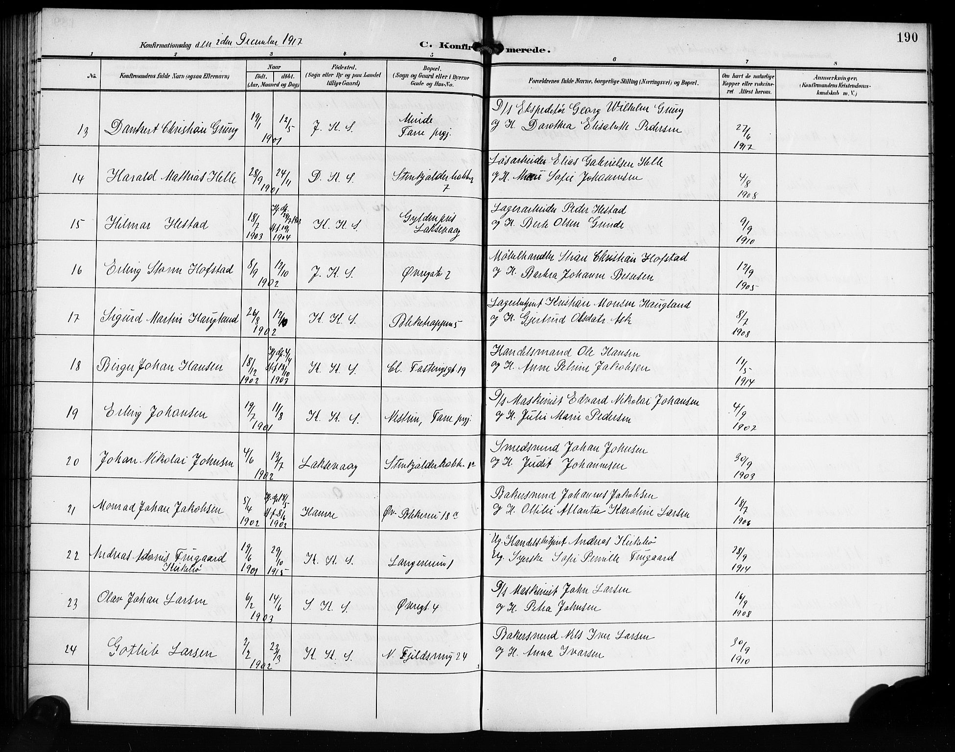 Korskirken sokneprestembete, AV/SAB-A-76101/H/Hab: Parish register (copy) no. C 5, 1906-1918, p. 190