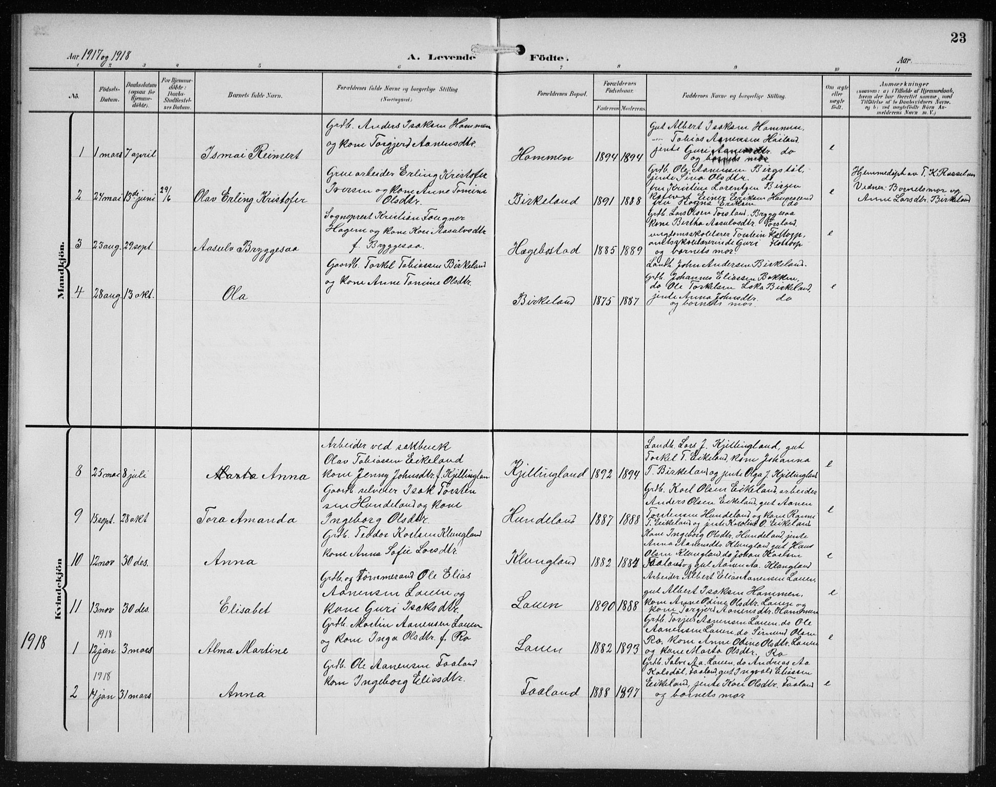 Hægebostad sokneprestkontor, SAK/1111-0024/F/Fb/Fba/L0005: Parish register (copy) no. B 5, 1907-1931, p. 23