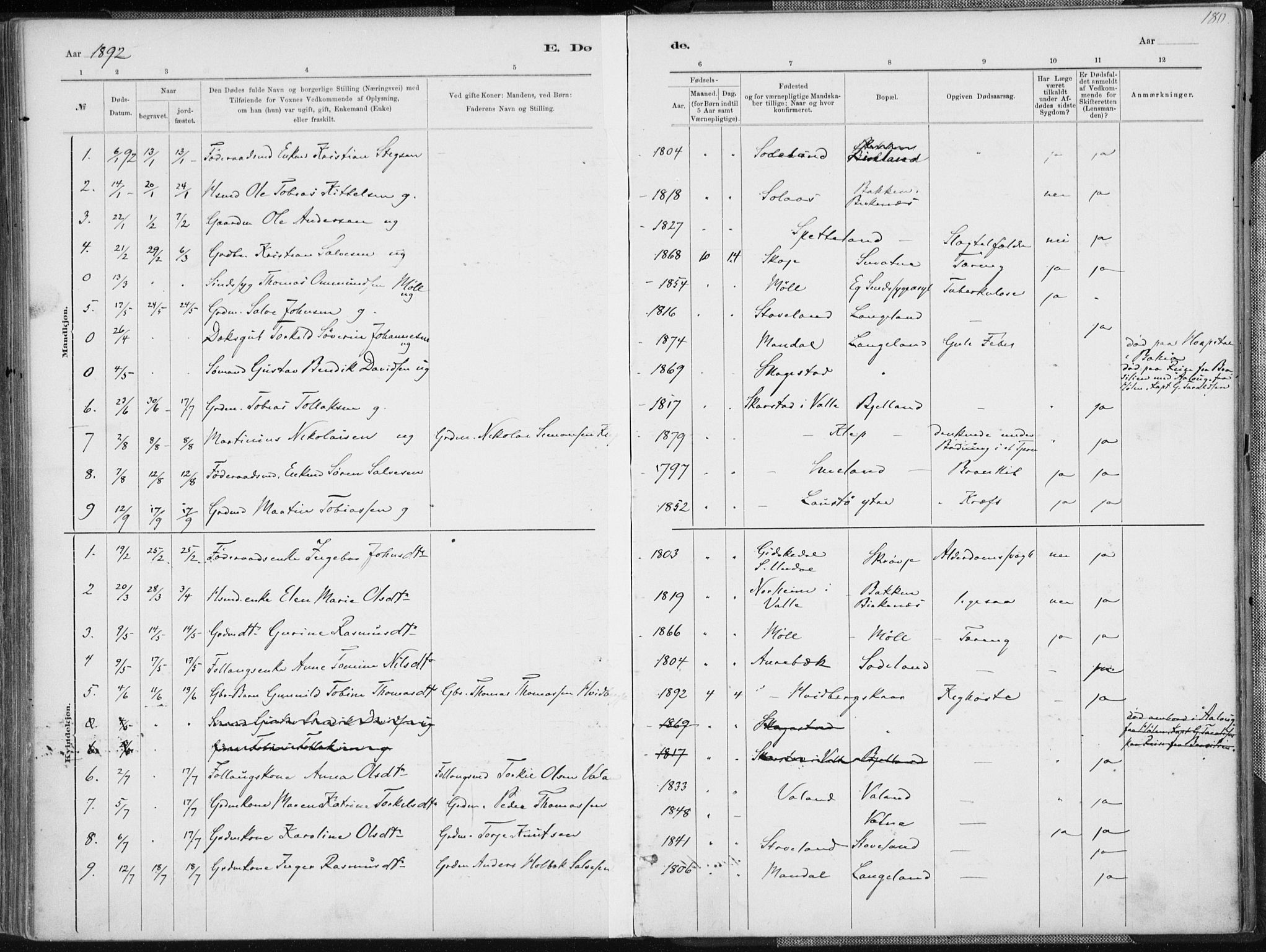 Holum sokneprestkontor, SAK/1111-0022/F/Fa/Faa/L0007: Parish register (official) no. A 7, 1884-1907, p. 180