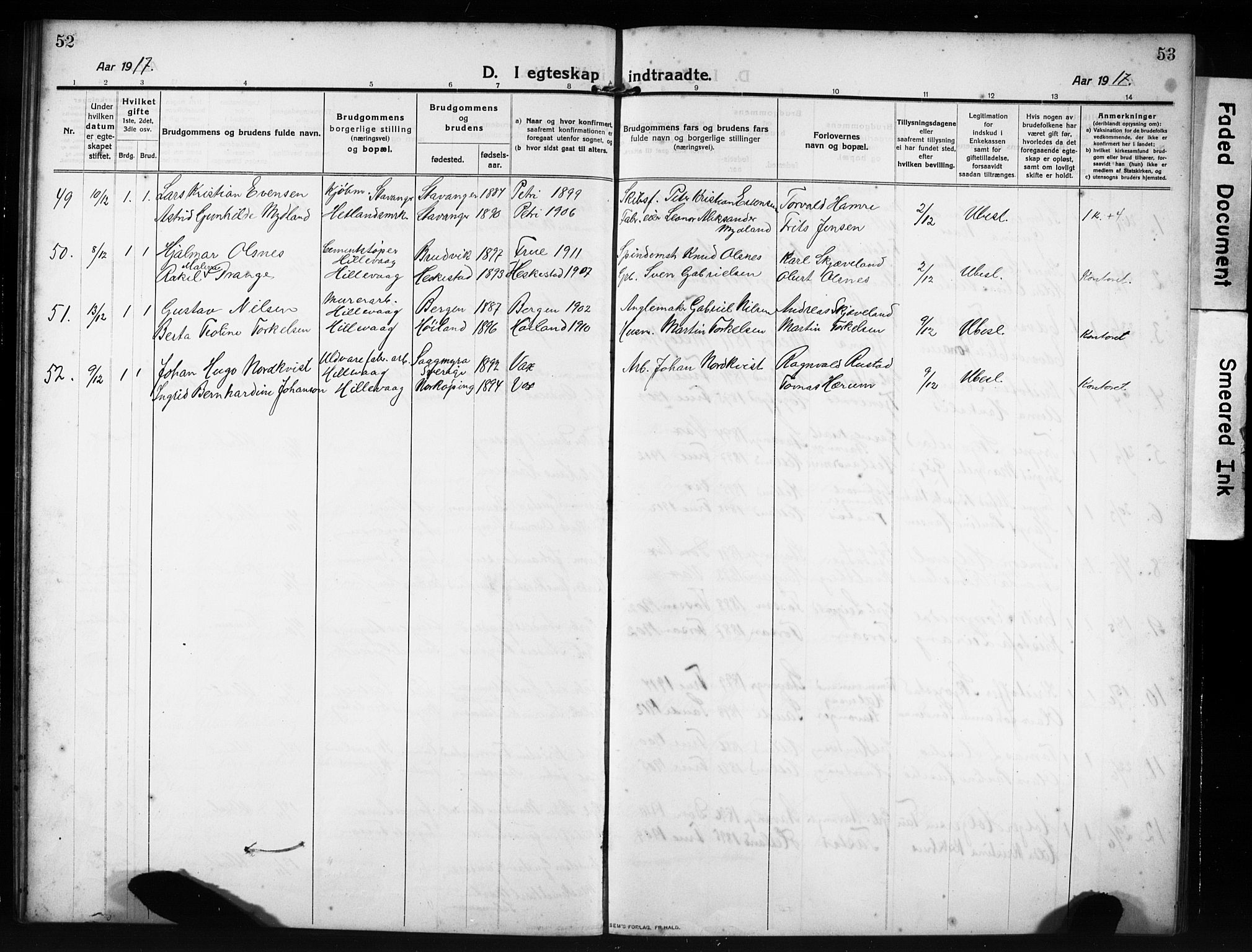 Hetland sokneprestkontor, AV/SAST-A-101826/30/30BB/L0009: Parish register (copy) no. B 9, 1910-1931, p. 52-53