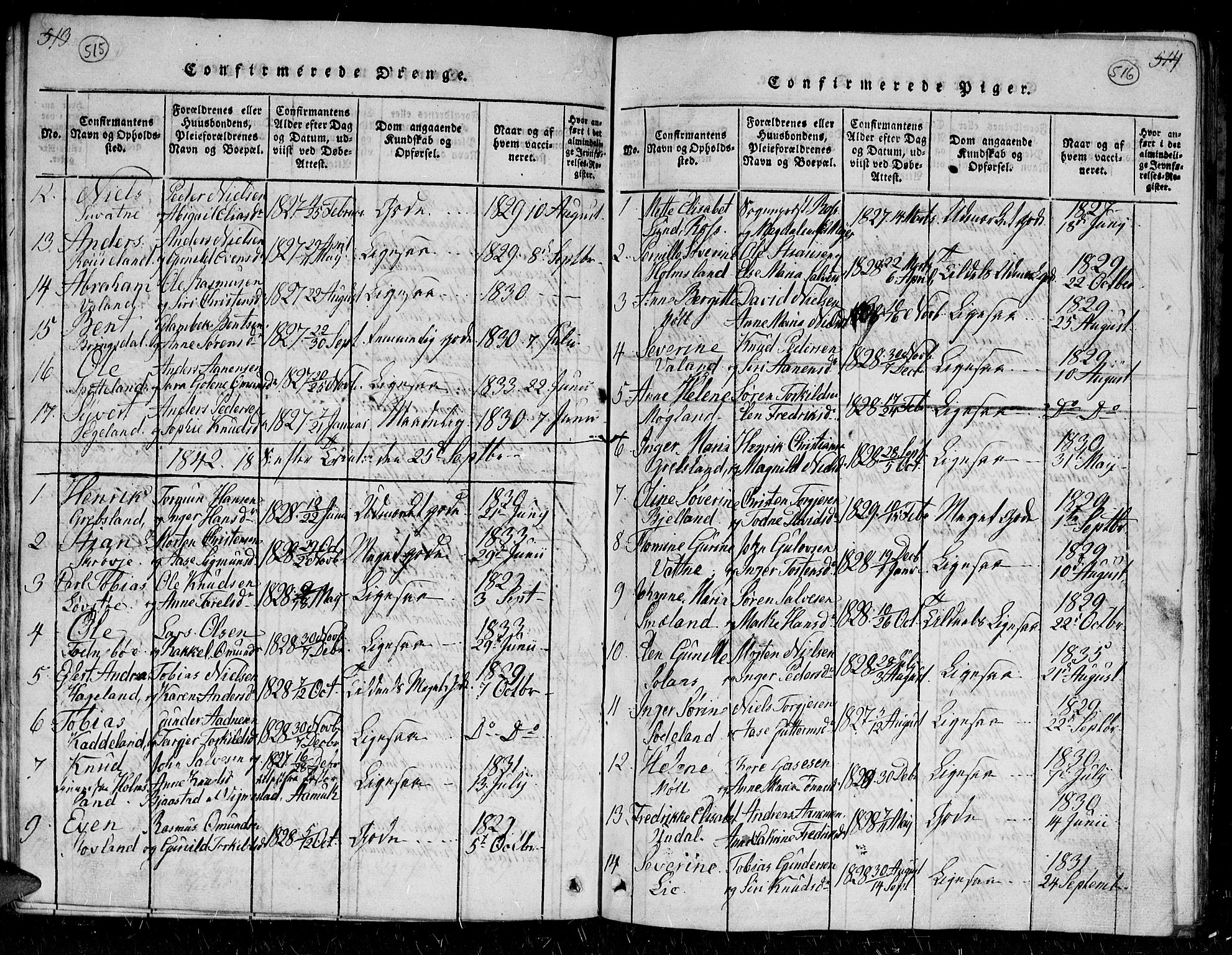 Holum sokneprestkontor, SAK/1111-0022/F/Fb/Fba/L0002: Parish register (copy) no. B 2, 1820-1849, p. 515-516