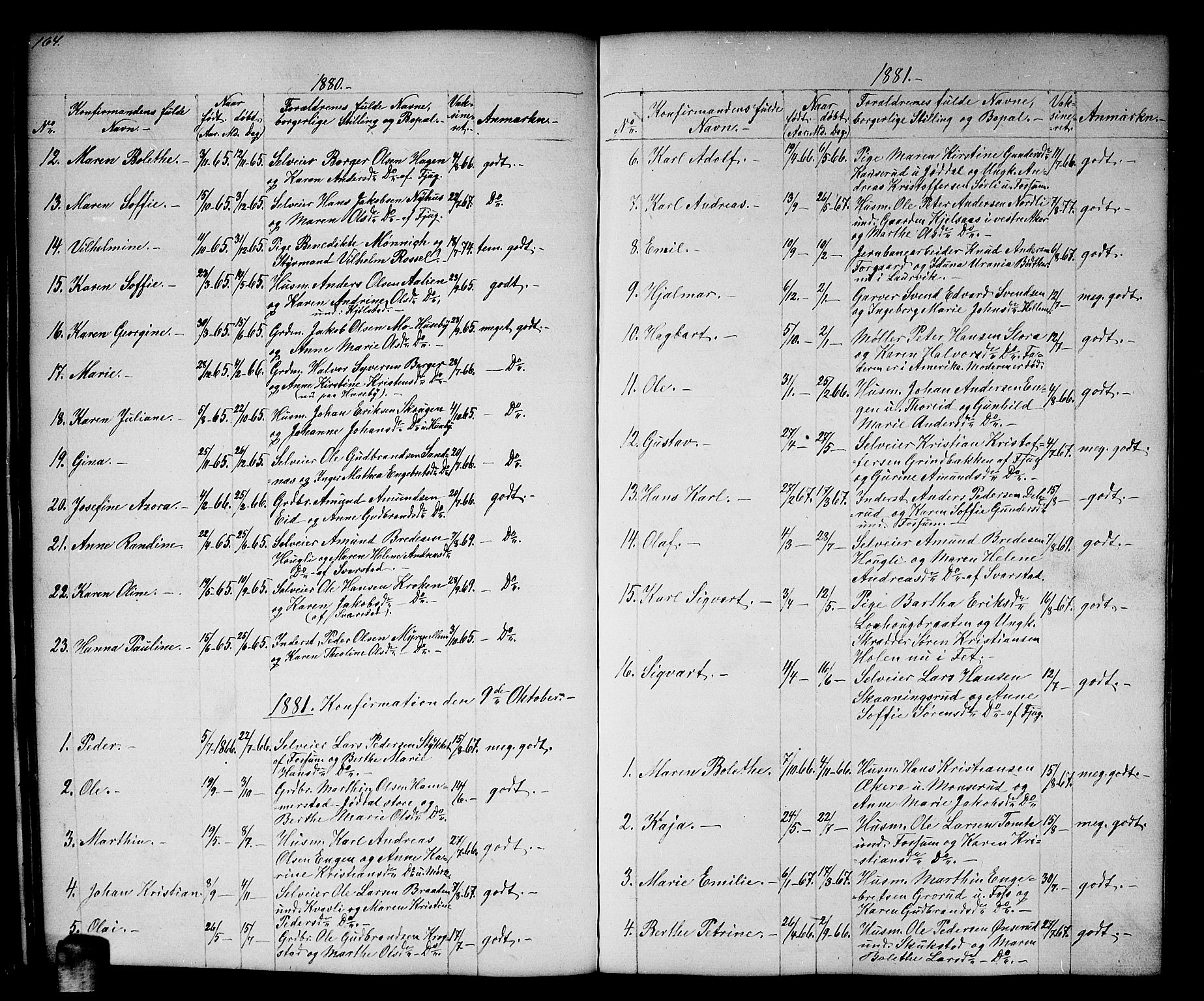 Aurskog prestekontor Kirkebøker, SAO/A-10304a/G/Gb/L0001: Parish register (copy) no. II 1, 1858-1885, p. 164