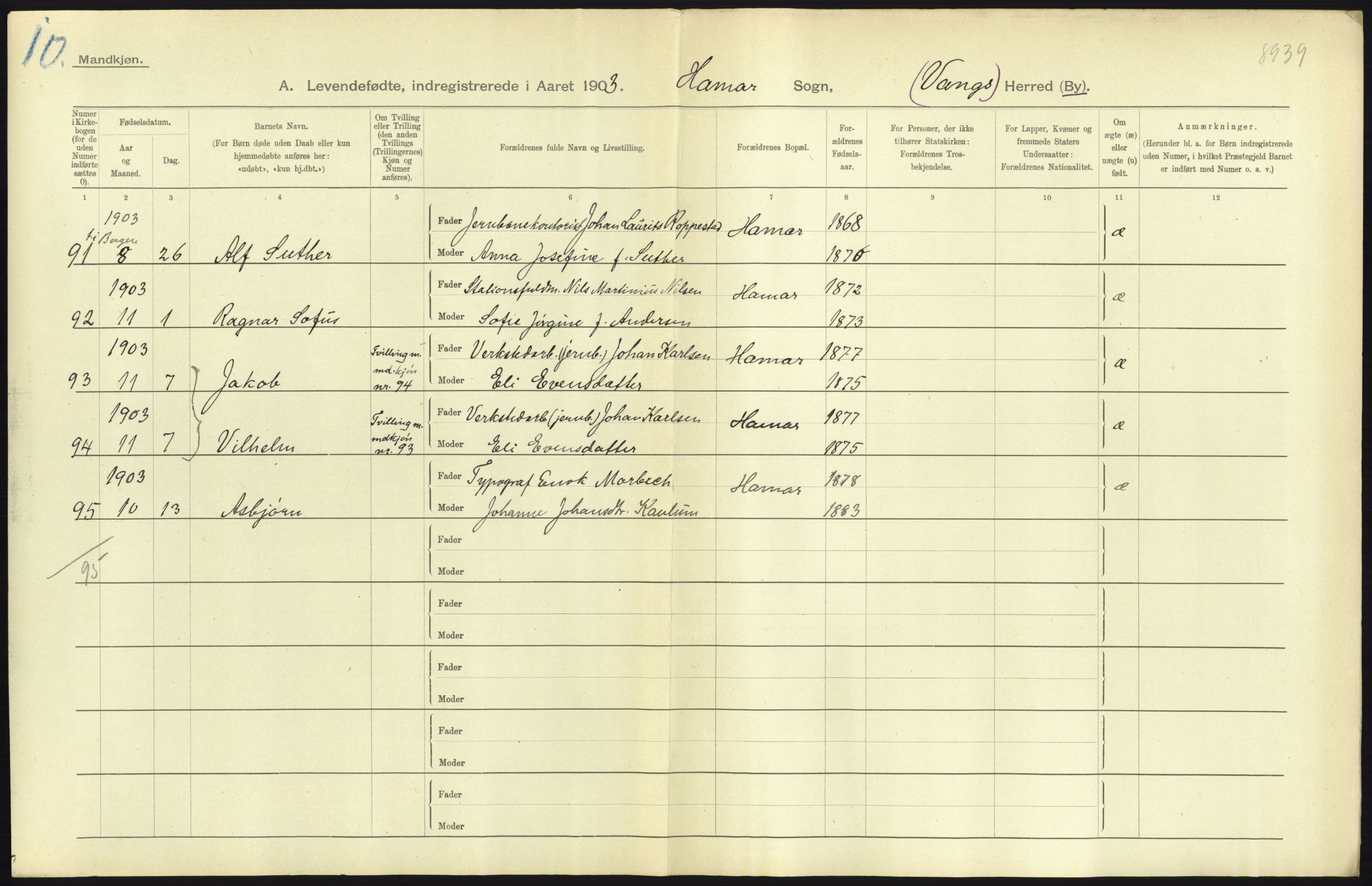 Statistisk sentralbyrå, Sosiodemografiske emner, Befolkning, AV/RA-S-2228/D/Df/Dfa/Dfaa/L0005: Hedemarkens amt: Fødte, gifte, døde, 1903, p. 729