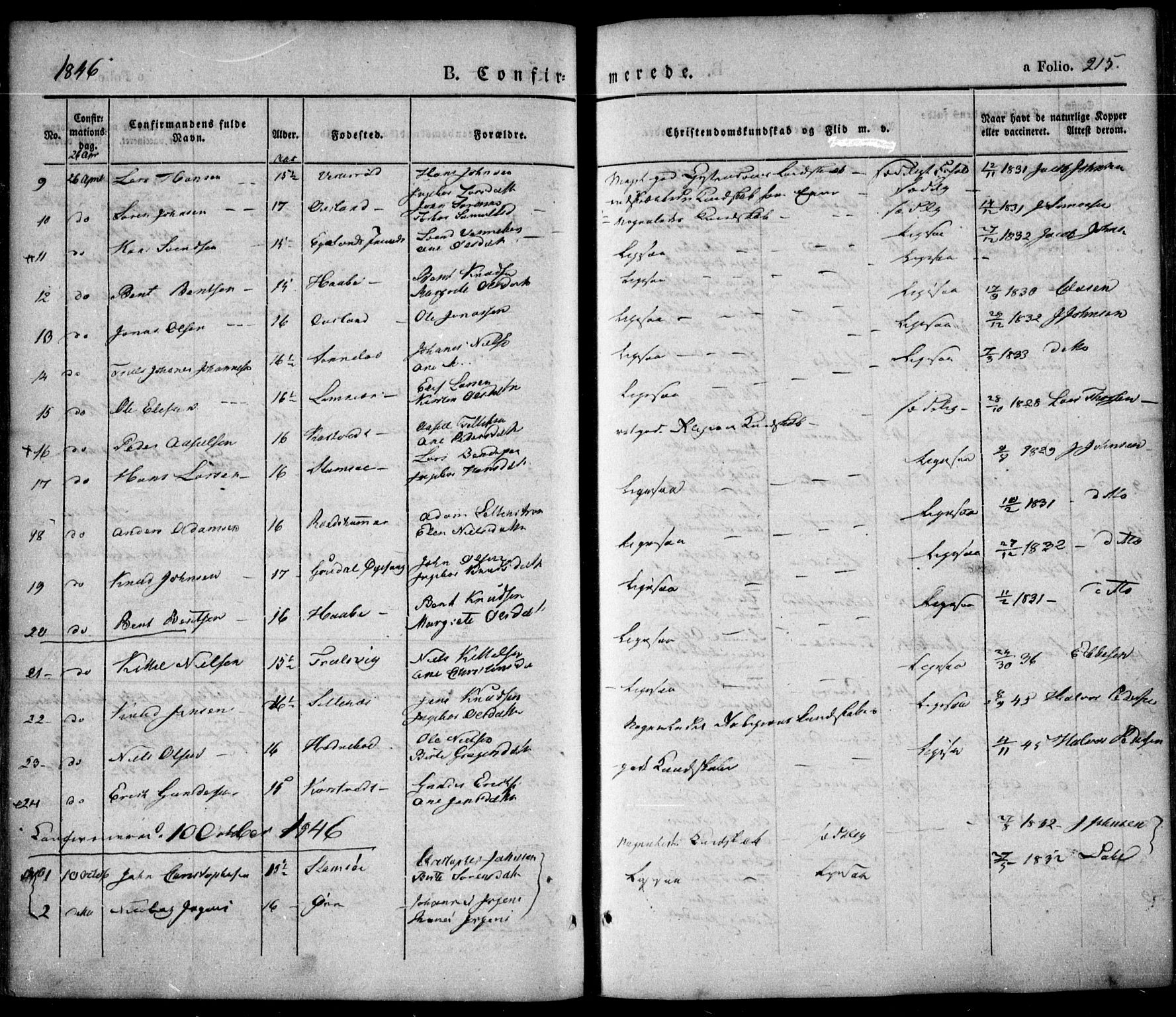 Søndeled sokneprestkontor, SAK/1111-0038/F/Fa/L0002: Parish register (official) no. A 2, 1839-1860, p. 215
