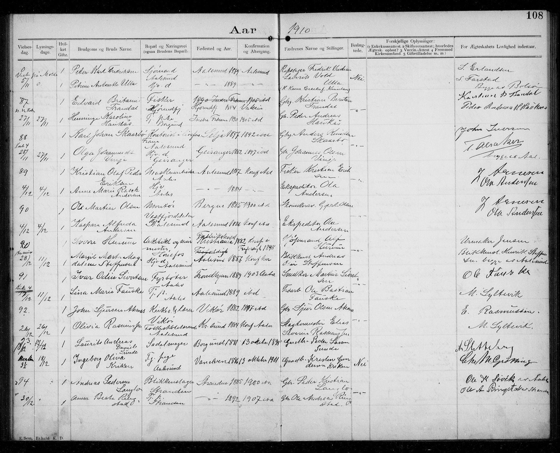 Ministerialprotokoller, klokkerbøker og fødselsregistre - Møre og Romsdal, AV/SAT-A-1454/529/L0458: Banns register no. 529A08, 1901-1918, p. 108