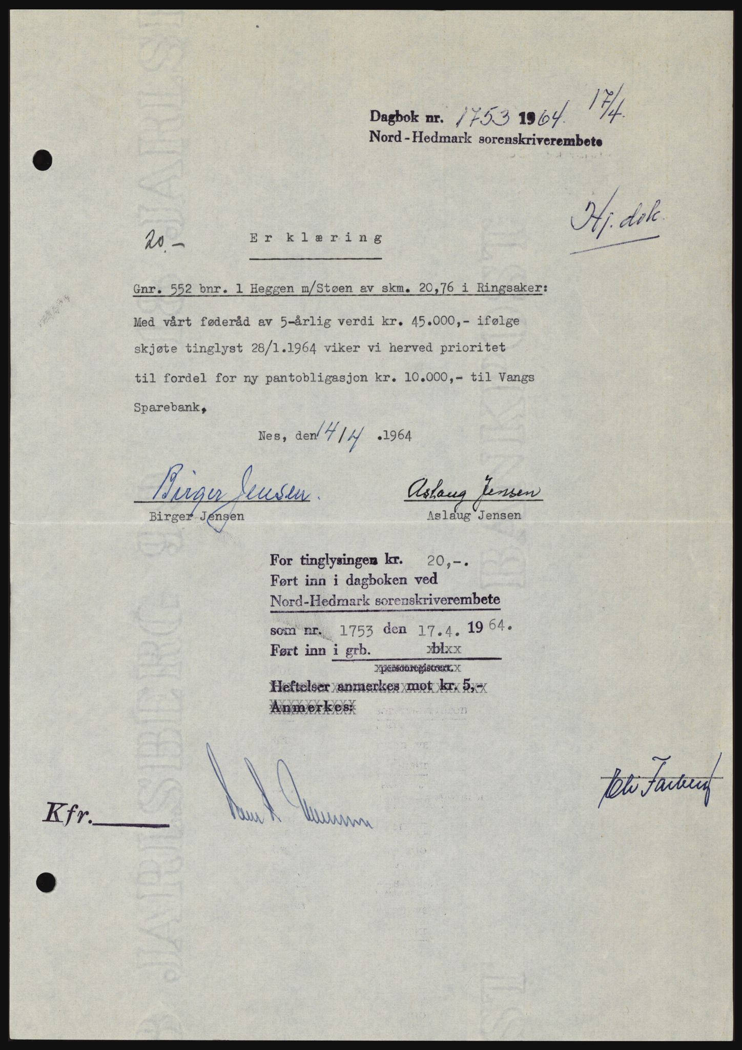 Nord-Hedmark sorenskriveri, SAH/TING-012/H/Hc/L0019: Mortgage book no. 19, 1963-1964, Diary no: : 1753/1964