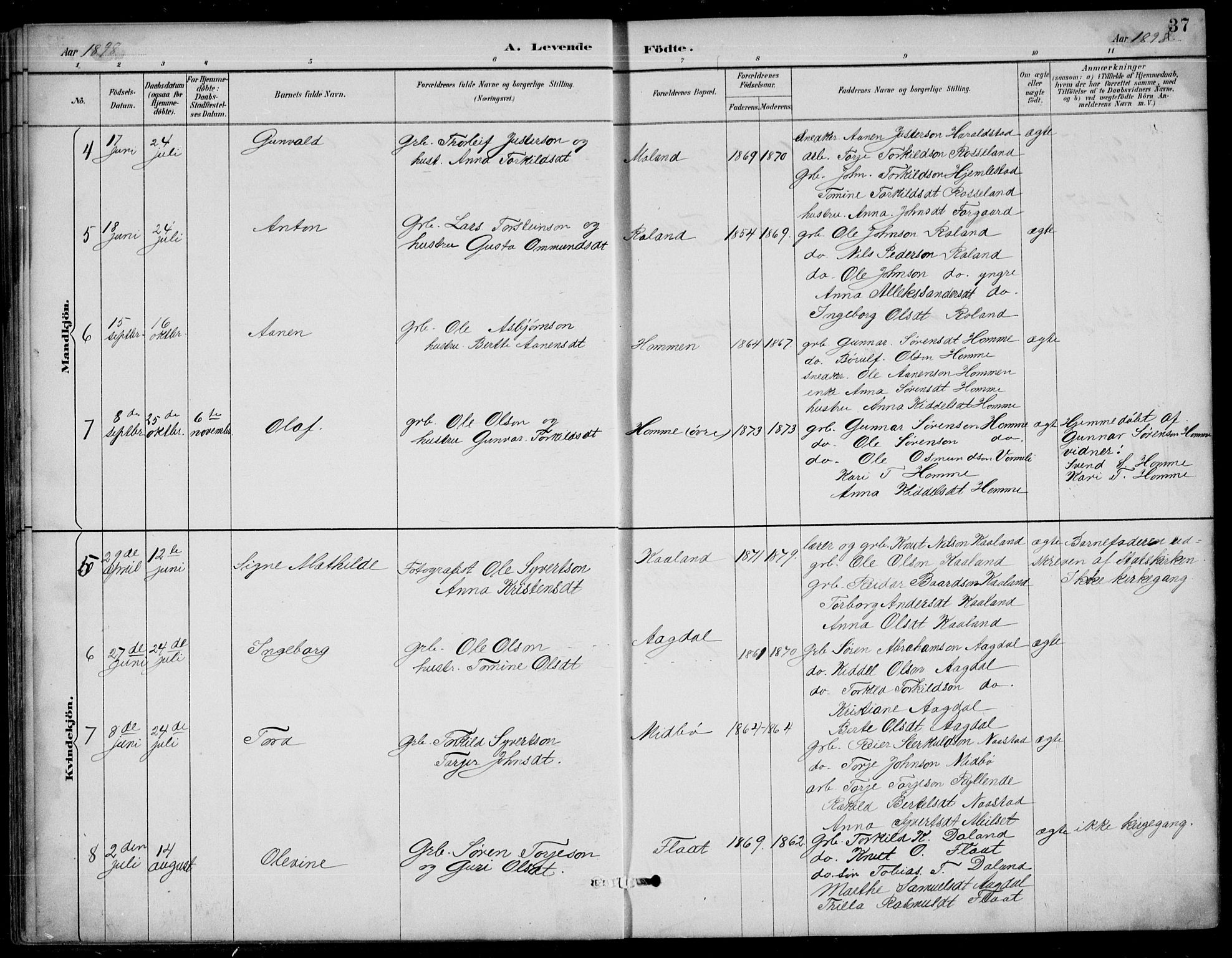 Bjelland sokneprestkontor, SAK/1111-0005/F/Fb/Fba/L0005: Parish register (copy) no. B 5, 1887-1923, p. 37